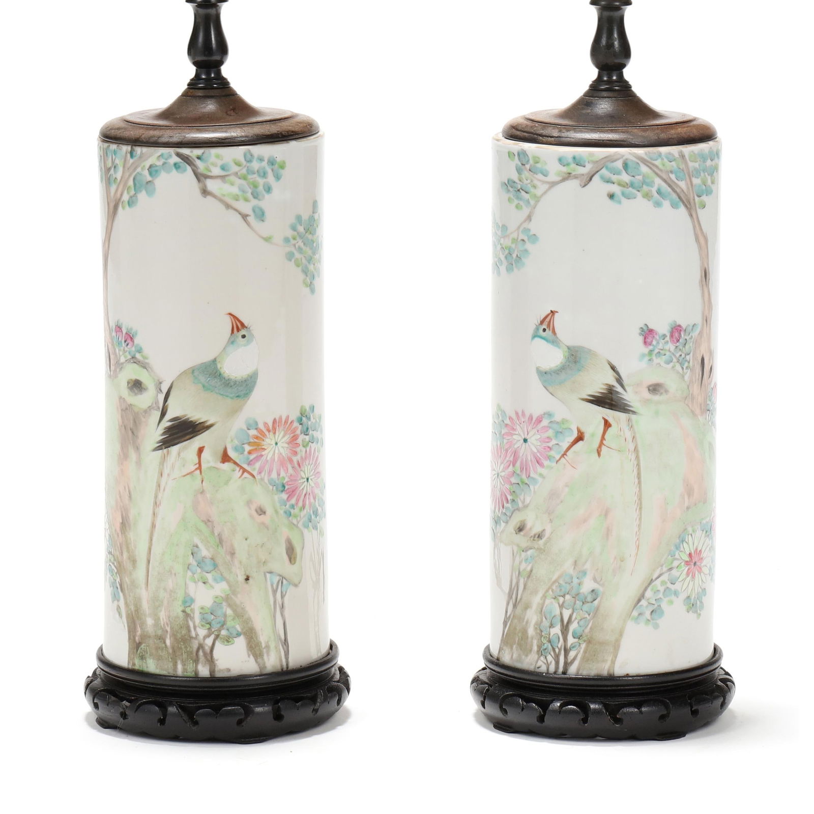 A Pair of Chinese Porcelain Hat Stand Lamps with Pheasants: A Pair of Chinese Porcelain Hat Stand Lamps with PheasantsRepublic period (1912-1949), a mirrored pair of cylindrical porcelain hat stands, hand-painted with a pheasant perched in a lush landscape pop