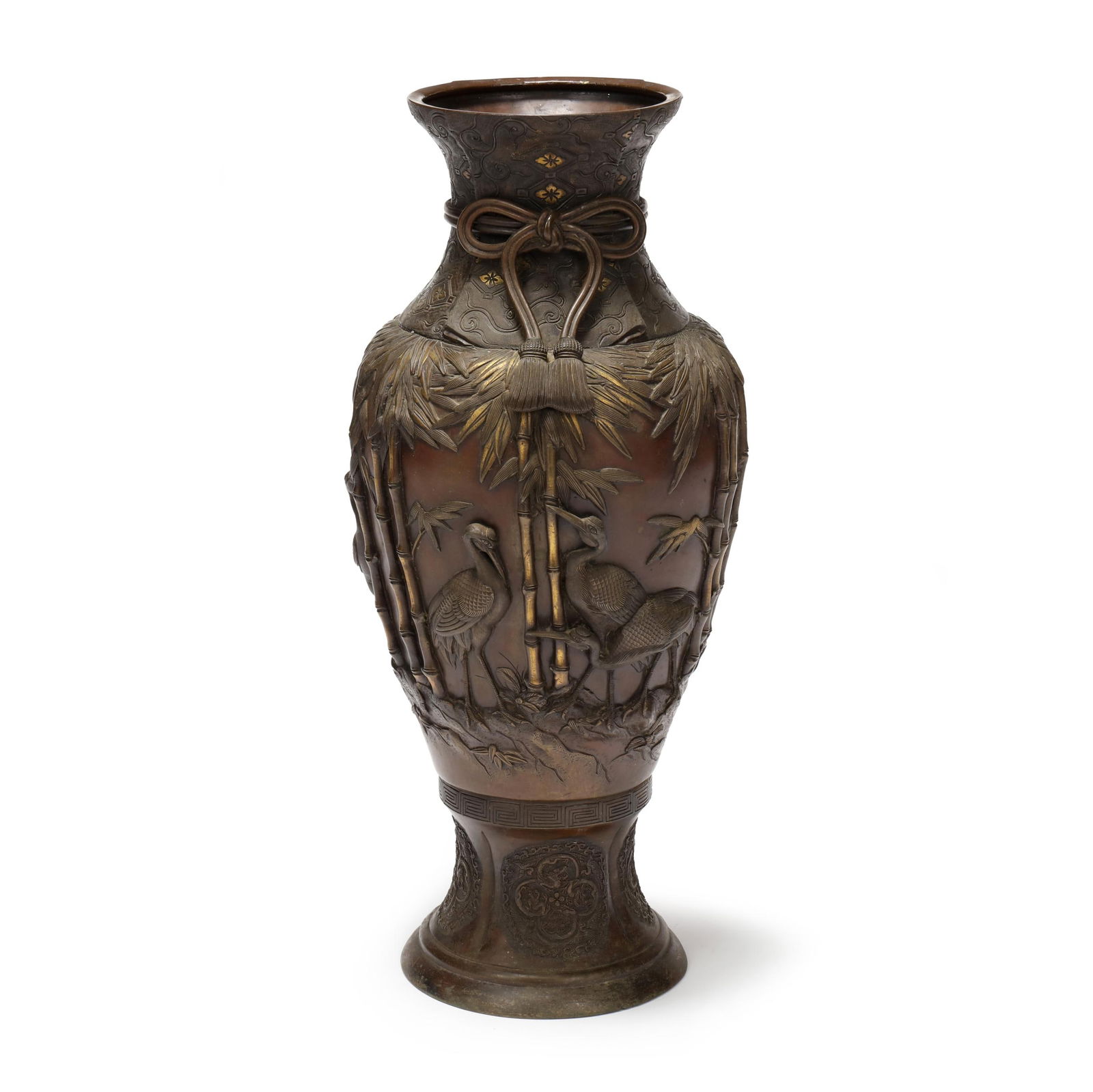 A Japanese Bronze Mixed Metal Kazari Tsubo Floor Vase with Cranes and Bamboo (1 of 14)