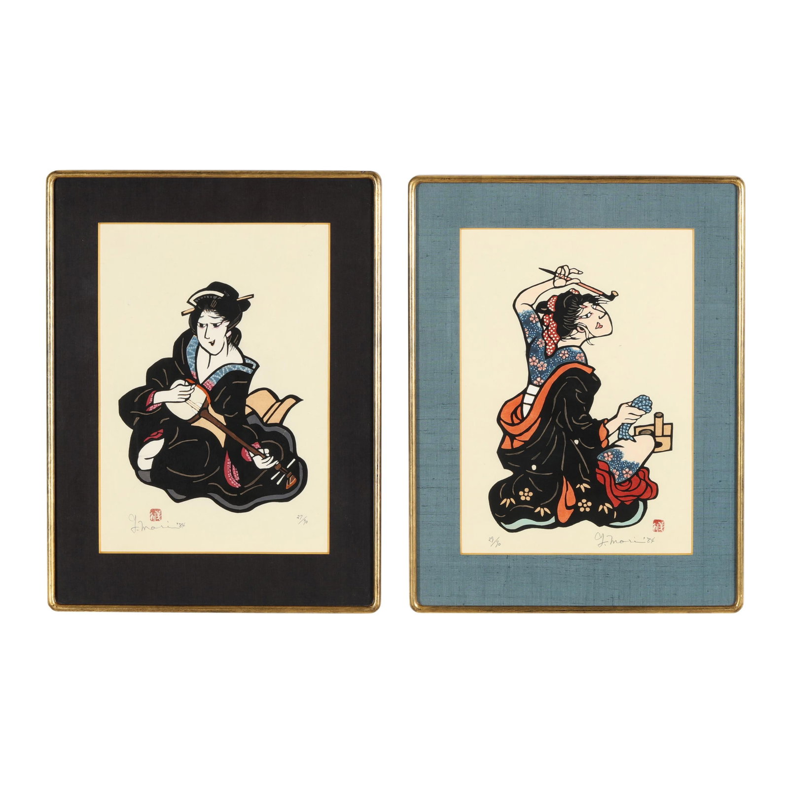 Yoshitoshi Mori (Japanese, 1898-1992), A Pair of Woodblock Prints: Yoshitoshi Mori (Japanese, 1898-1992), A Pair of Woodblock Prints includes two woodblock prints, the first of a woman with a pipe, signed in pencil 29/90, Y.Mori '84 together with red seal in lower bo