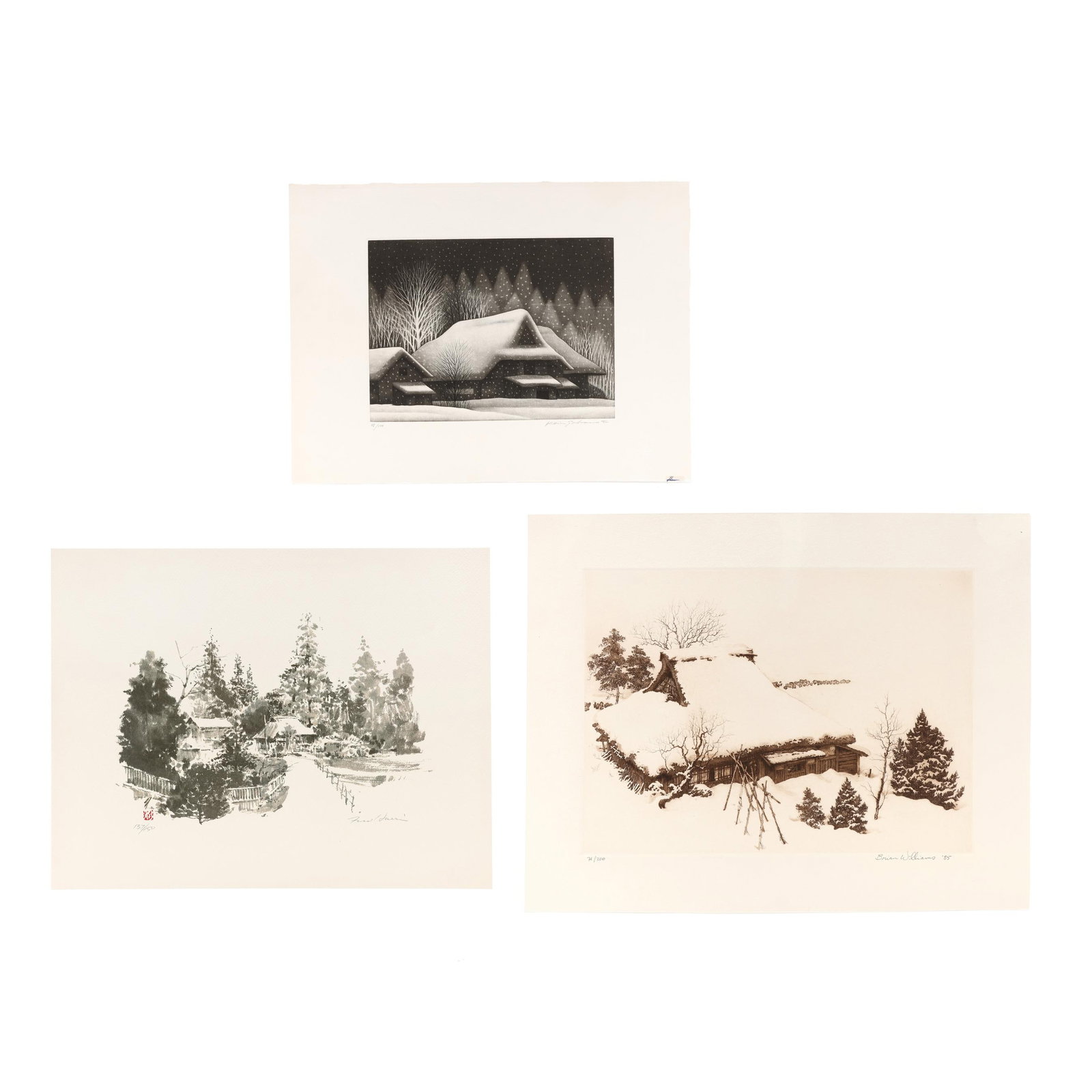 Three Japanese Prints of Houses in the Snow: Three Japanese Prints of Houses in the Snowincludes three woodblock prints, the first, by Brian Williams (British/Japan, b. 1950), pencil signed in lower margin 71/300, Brian Williams '85 (14 1/4 x 18