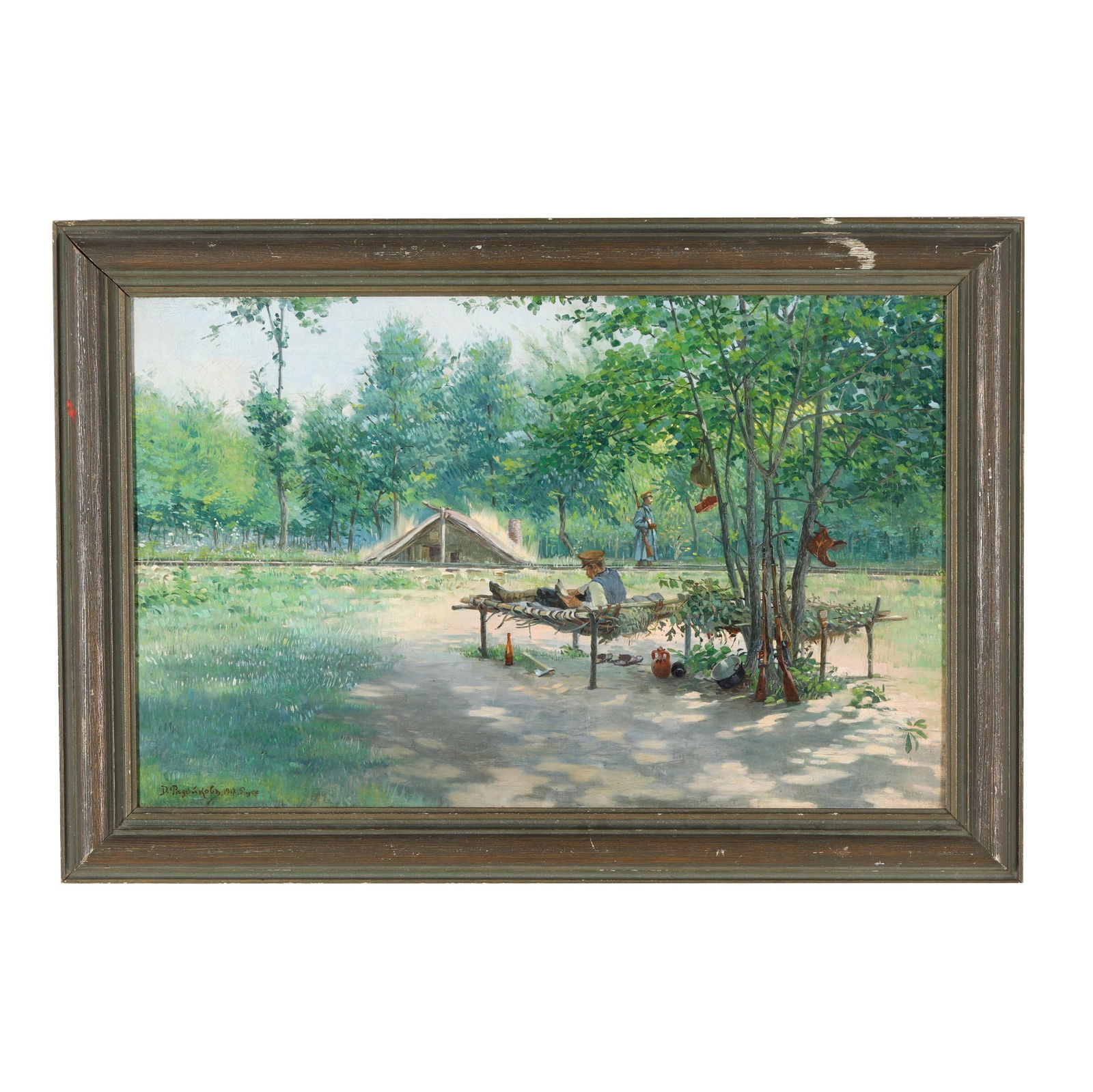 Dimitar Radoykov (Bulgarian, 1879-1940), Post at Varna Railroad: Dimitar Radoykov (Bulgarian, 1879-1940), Post at Varna Railroadoil on canvas (lined), circa 1916, signed at lower left, inscribed and retaining original label to the verso, framed. Stretcher size 14 x