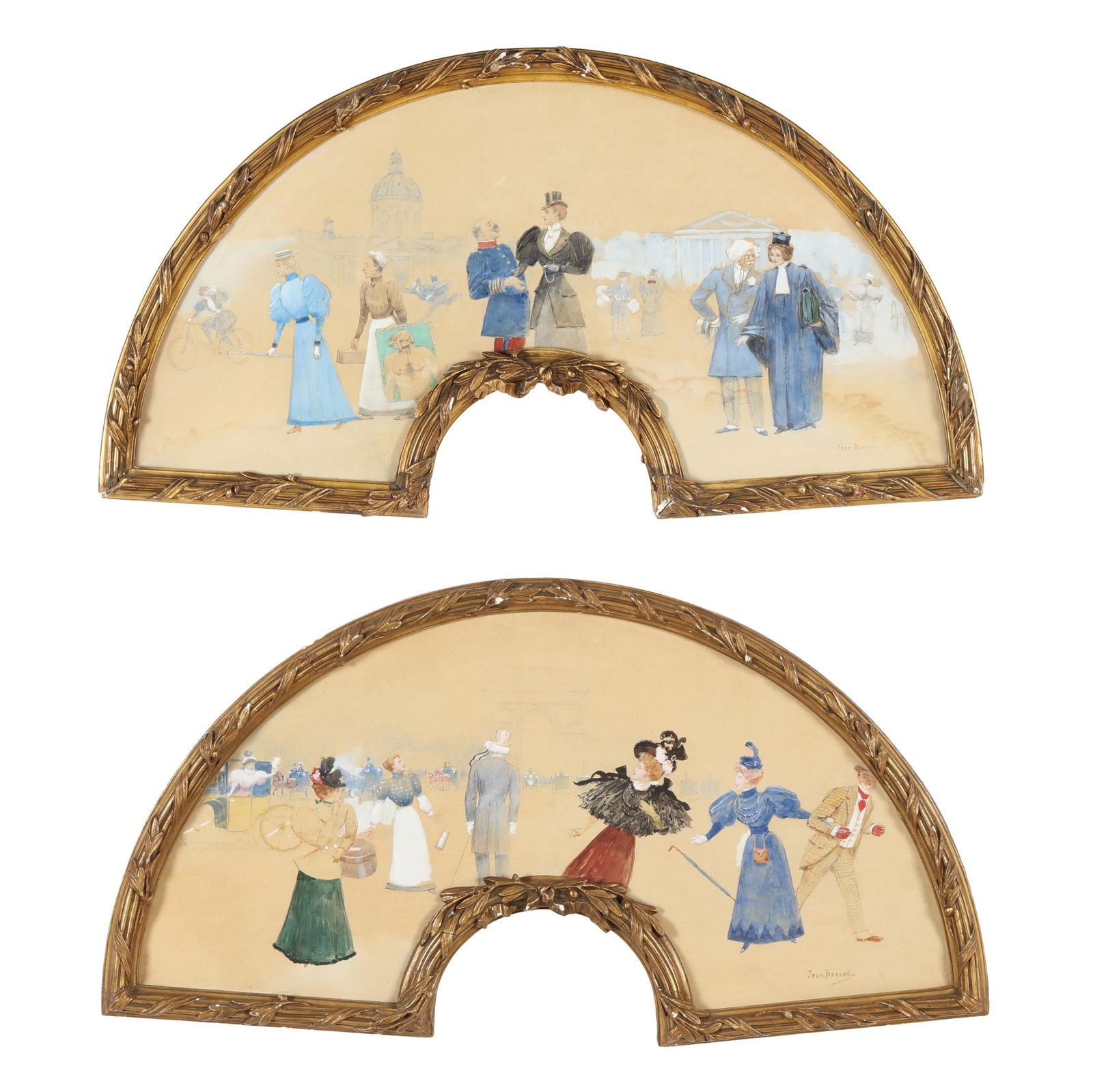 Jean Beraud (Russian-French, 1849-1935), Pair of Parisian Street Scenes: Jean Beraud (Russian-French, 1849-1935), Pair of Parisian Street Sceneseach a gouache and pencil on paper for mounting as a fan, signed at the lower right, labeled to the verso, presented in their ori