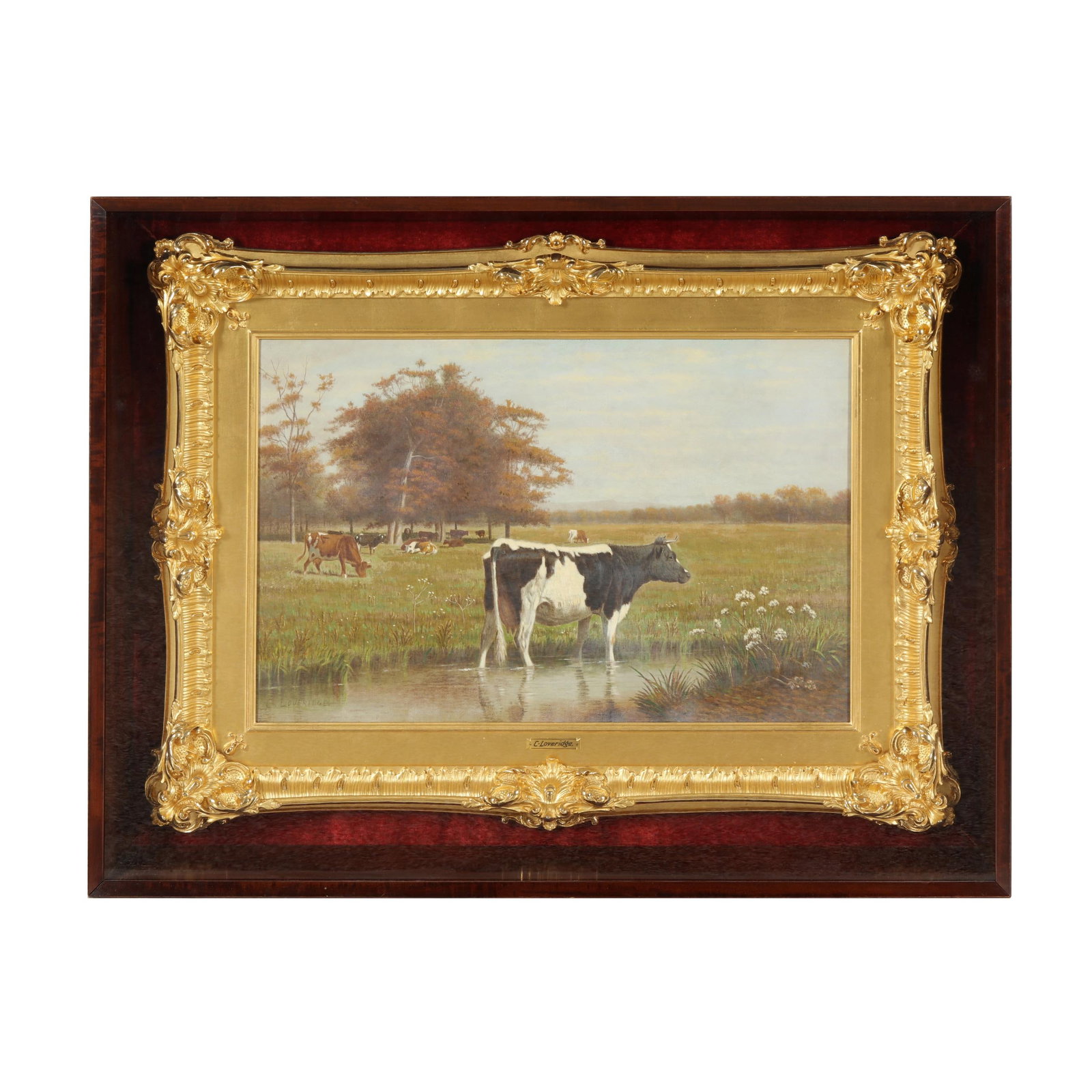 Clinton Loveridge (American, 1838-1915), Dairy Cattle Grazing in an Autumn Landscape: Clinton Loveridge (American, 1838-1915), Dairy Cattle Grazing in an Autumn Landscapeoil on canvas, signed at lower left, with art supplier's stamp of C. W. Keenan, Brooklyn, New York to the verso, pre