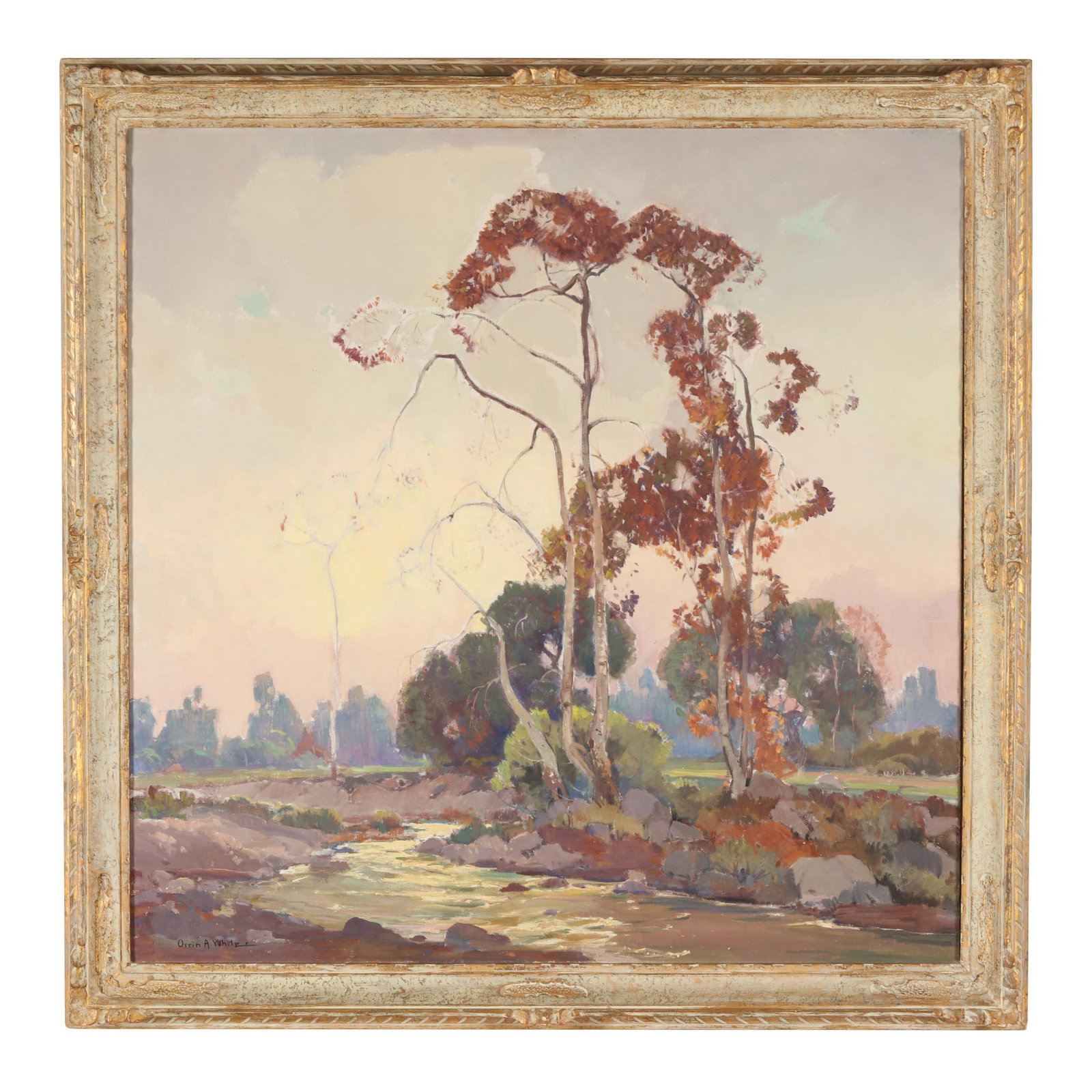 Orrin Augustine White (American, 1883-1969), Autumn, Sycamores: Orrin Augustine White (American, 1883-1969), Autumn, Sycamoresoil on canvas, signed at lower right, inscribed to top stretcher, presented in the likely original frame. Stretcher size 36 x 36 in.; Fram