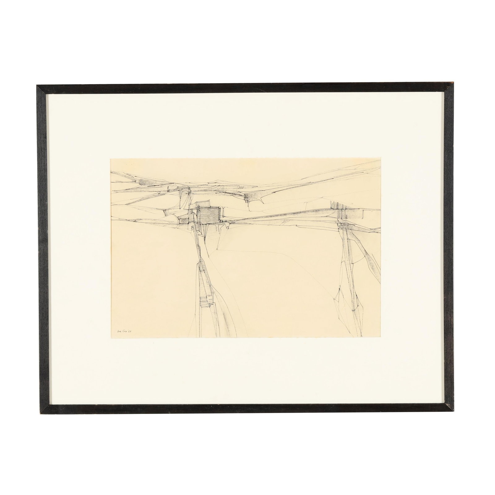 Joe Cox (NC, 1915-1997), Southwest Landscape 2: Joe Cox (NC, 1915-1997), Southwest Landscape 2ink on paper, 1965, signed and dated at lower left, retaining gallery labels to verso, matted and framed under glass. Sight size 11 x 17 in.; Frame dimens