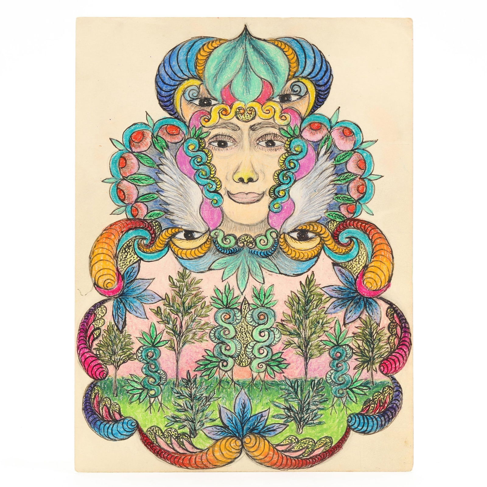 Minnie Evans (NC, 1892-1987), Untitled (face with garden) (1 of 4)