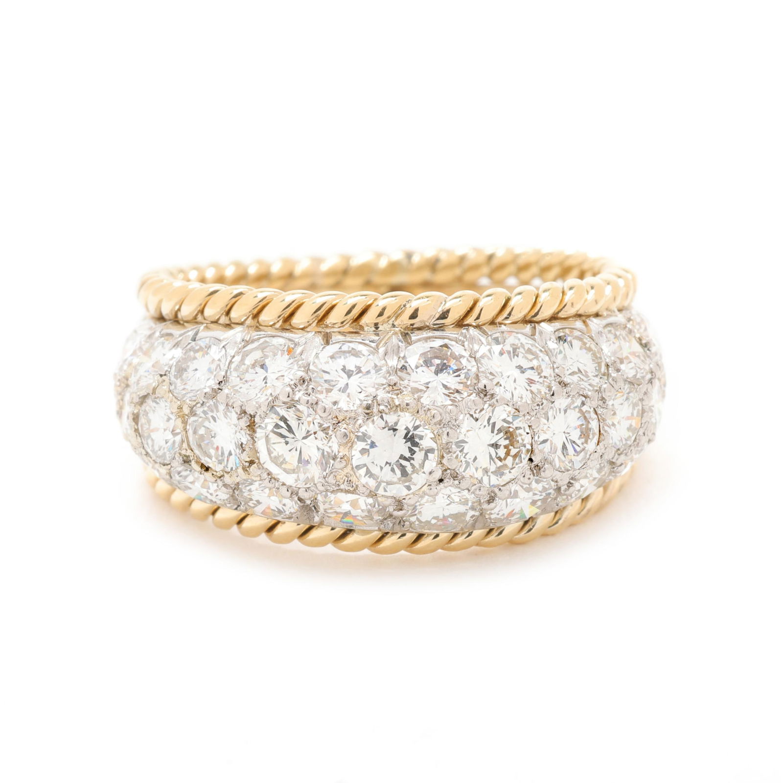 Vintage Bi-Color Gold and Diamond Domed Band: Vintage Bi-Color Gold and Diamond Domed Bandyellow gold rope twist borders, the domed center in platinum and pavé set with full cut round diamonds weighing approximately 3.00 total carats (G-H color,