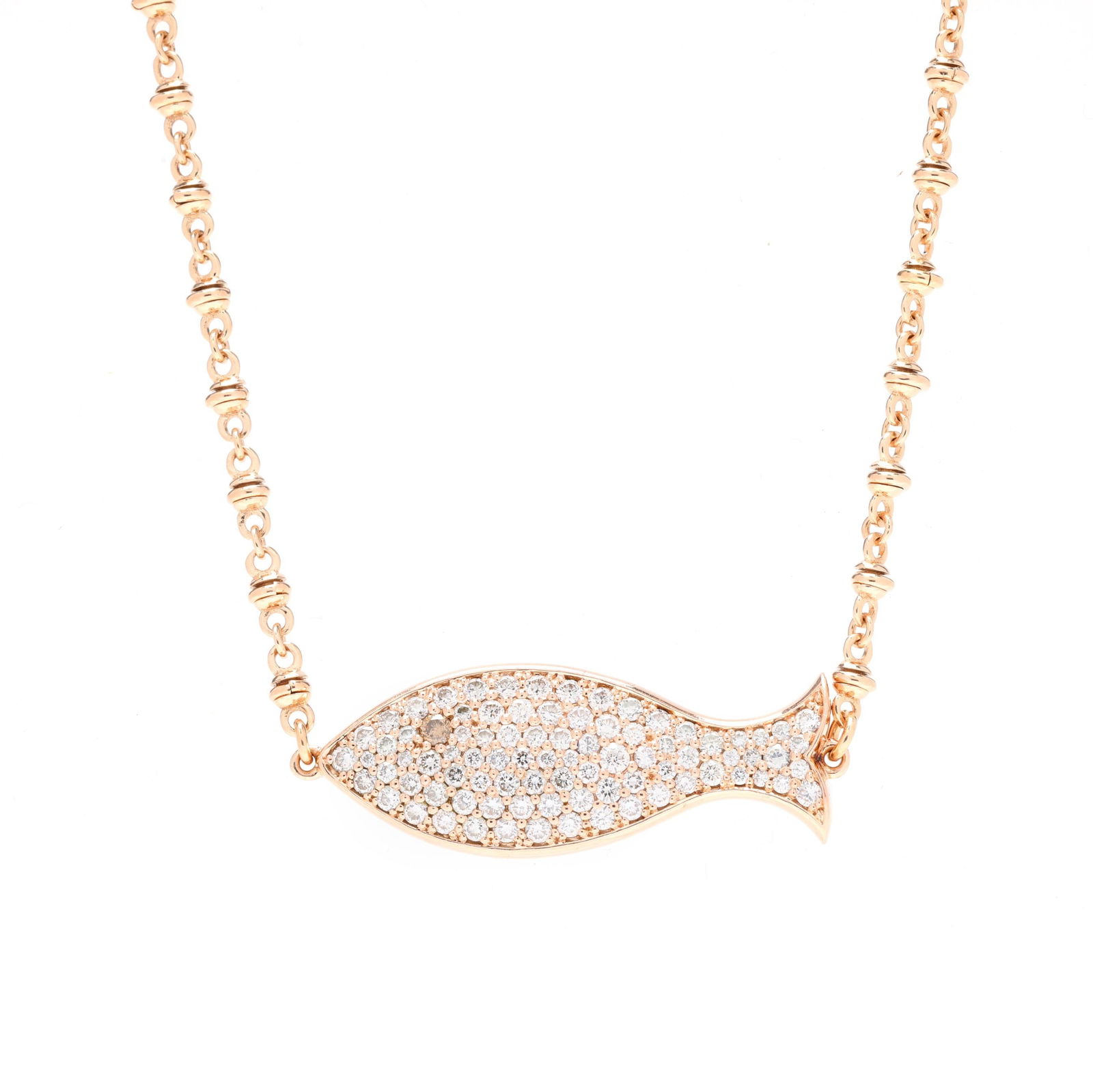 Rose Gold and Diamond Fish Necklace, Aspery & Guldag: Rose Gold and Diamond Fish Necklace, Aspery & Guldaghorizontally set fish pendant, pavé set with full cut round diamonds, with Light Brown diamond eye to each side, joined to a mixed link chain compl