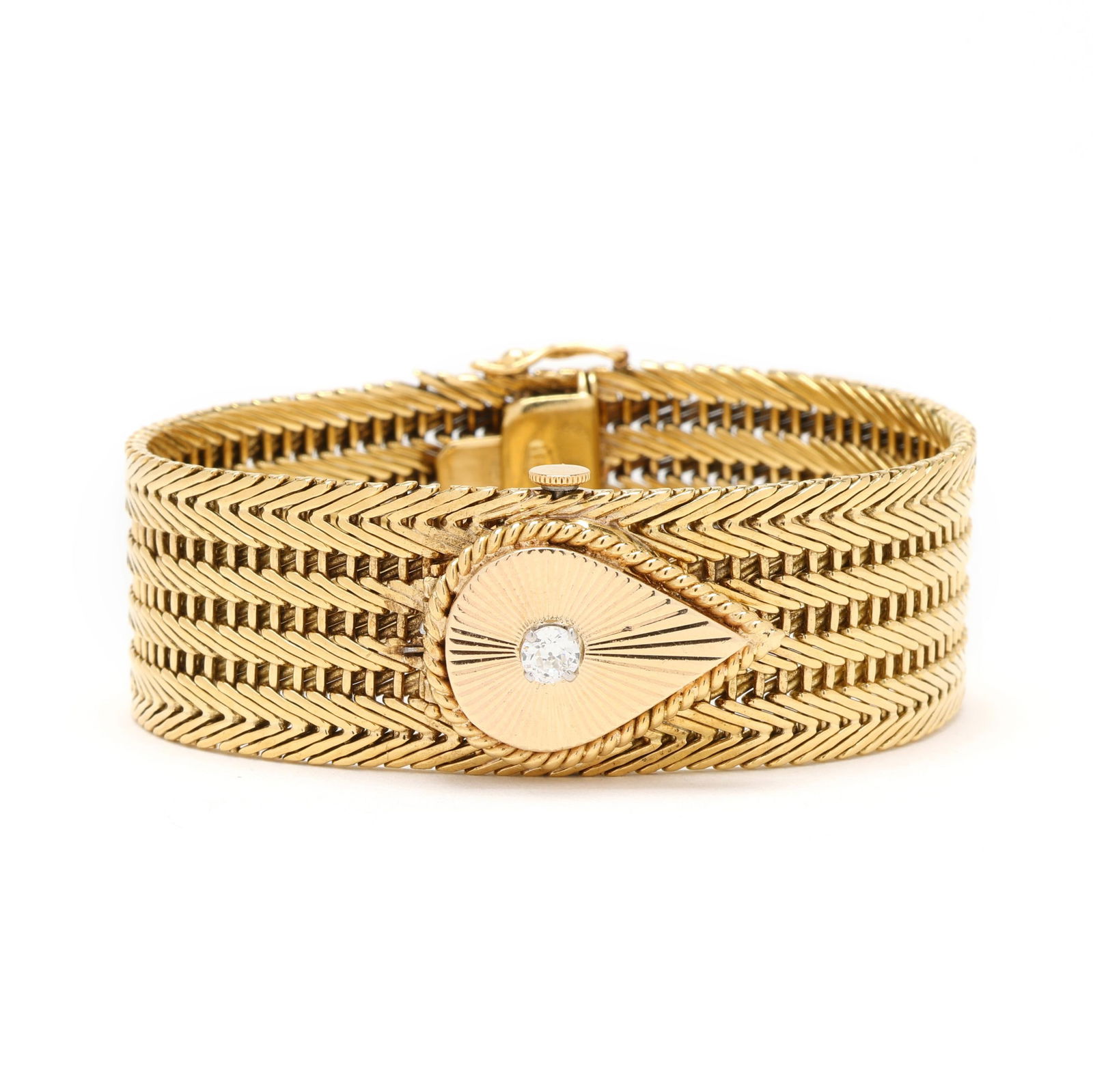 Gold and Diamond Surprise Watch, Rolex: Gold and Diamond Surprise Watch, Rolexmanual wind, Rolex 280, the hidden round case with pear shaped cover with sunburst engraving set with an old European cut diamond weighing approximately .25 carat