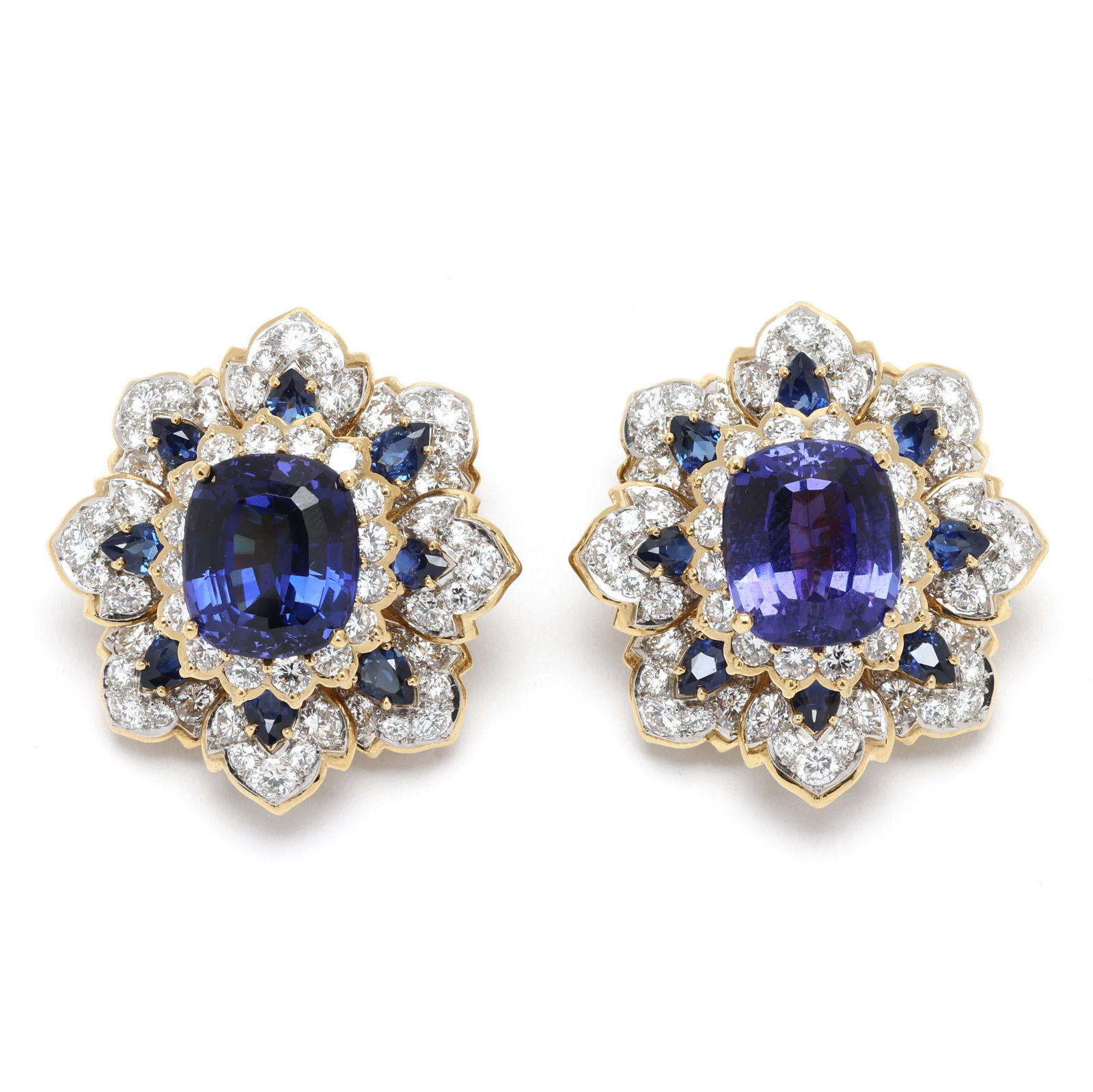 Pair of Vintage Gold, Platinum, Tanzanite, and Diamond Floral Motif Earrings, Tiffany & Co.: Pair of Vintage Gold, Platinum, Tanzanite, and Diamond Floral Motif Earrings, Tiffany & Co.