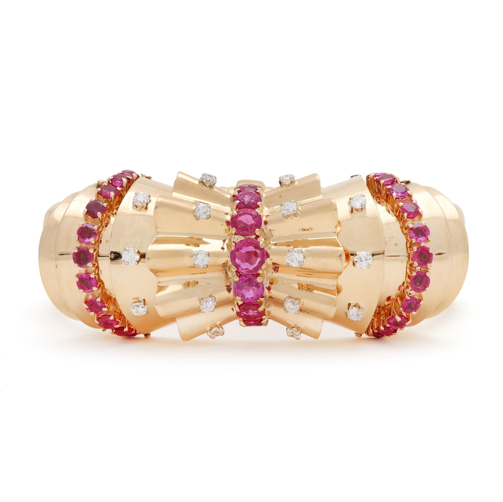 Retro Gold, Ruby, and Diamond Bracelet, Bailey, Banks, & Biddle: Retro Gold, Ruby, and Diamond Bracelet, Bailey, Banks, & Biddlegold tubogas bracelet with bold central ribbon element set with round cut rubies weighing approximately 5.50 total carats and full cut ro