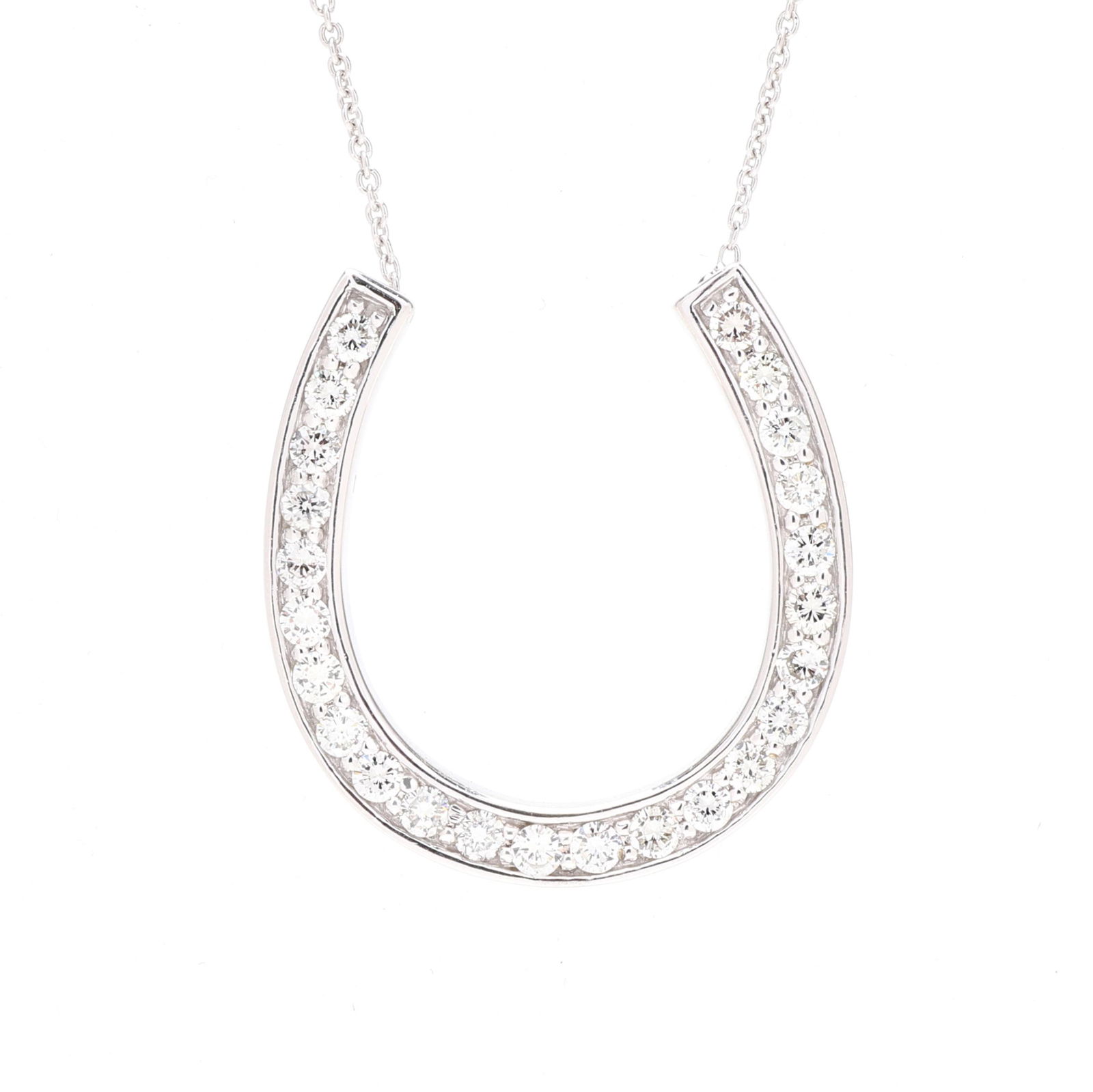 White Gold and Diamond Horseshoe Necklace: White Gold and Diamond Horseshoe Necklacethe white gold horseshoe pendant set with full cut round diamonds weighing approximately 1.0 total carat (H-I color, SI2-I1 clarity), suspended from a cable ch