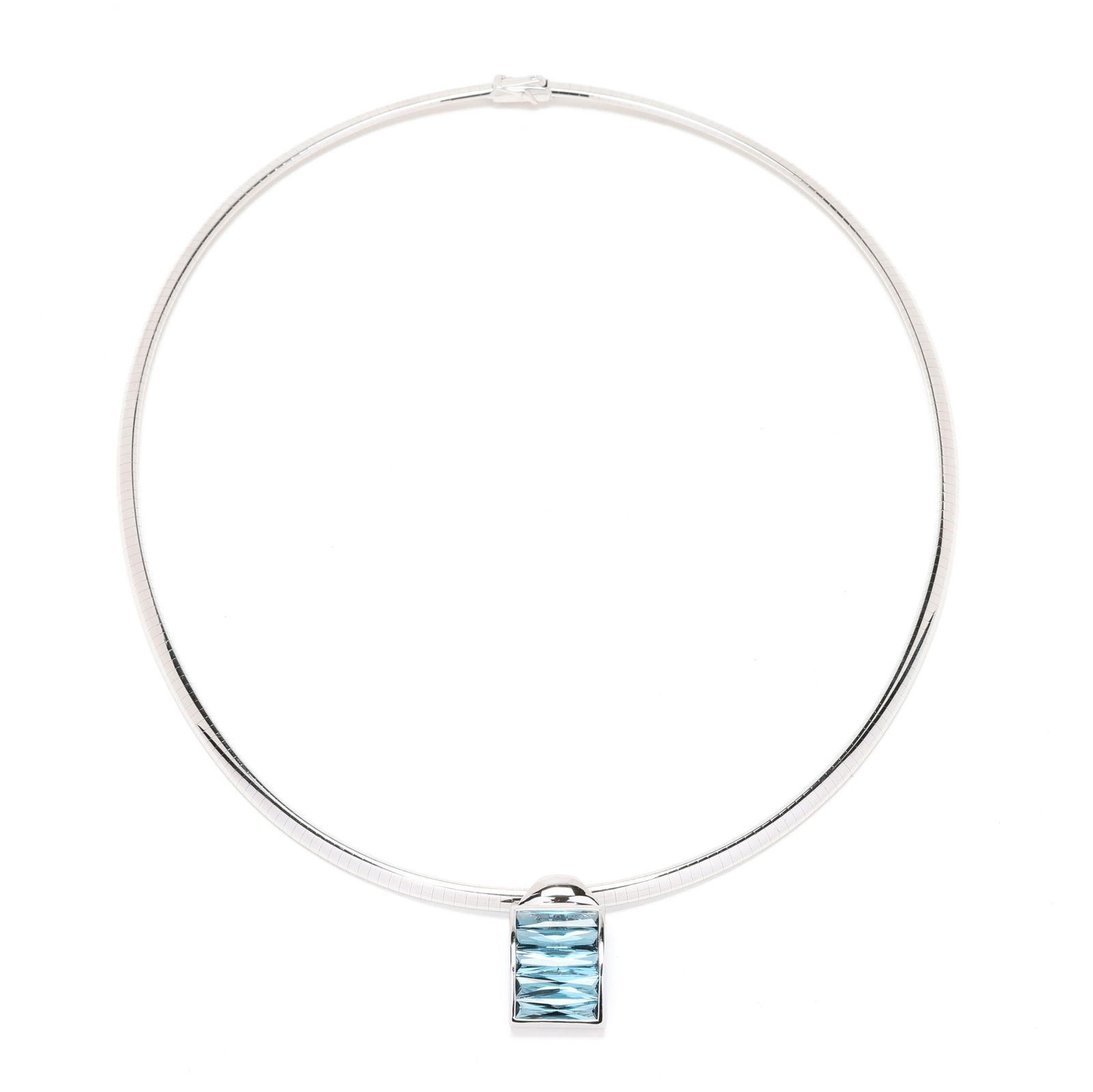 White Gold and Blue Topaz Omega Necklace, H.Stern: White Gold and Blue Topaz Omega Necklace, H.Sternthe convex enhancer with channel set rectangular fantasy cut blue topaz set in white gold, with hinged bail and safety, suspended from a white gold ome