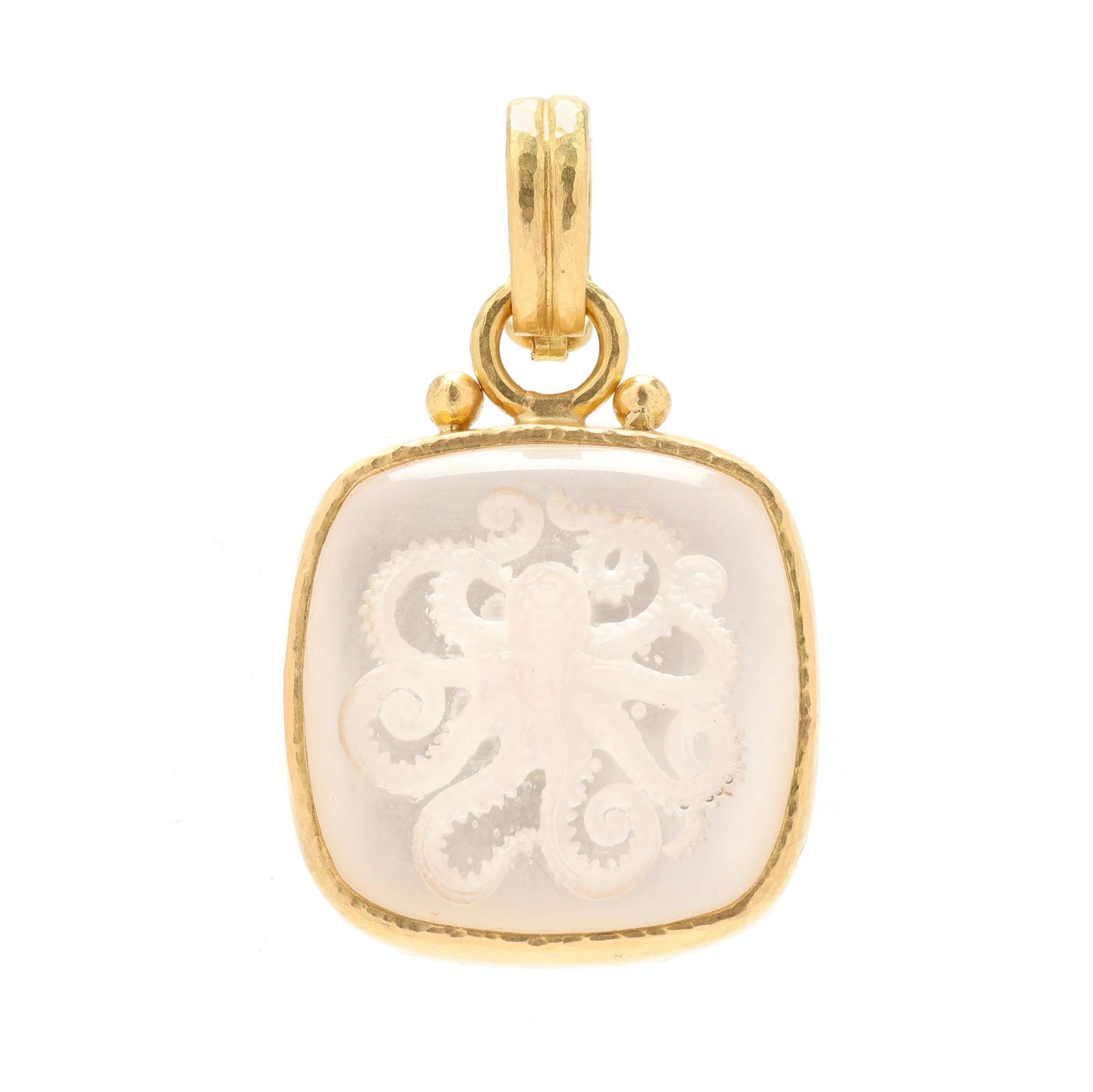 Hand Hammered High Karat Gold and Rock Crystal Quartz Octopus Motif Pendant, Elizabeth Locke: Hand Hammered High Karat Gold and Rock Crystal Quartz Octopus Motif Pendant, Elizabeth Lockecushion shaped rock crystal quartz reverse intaglio of an octopus, with mother-of-pearl backing, in a hand-h