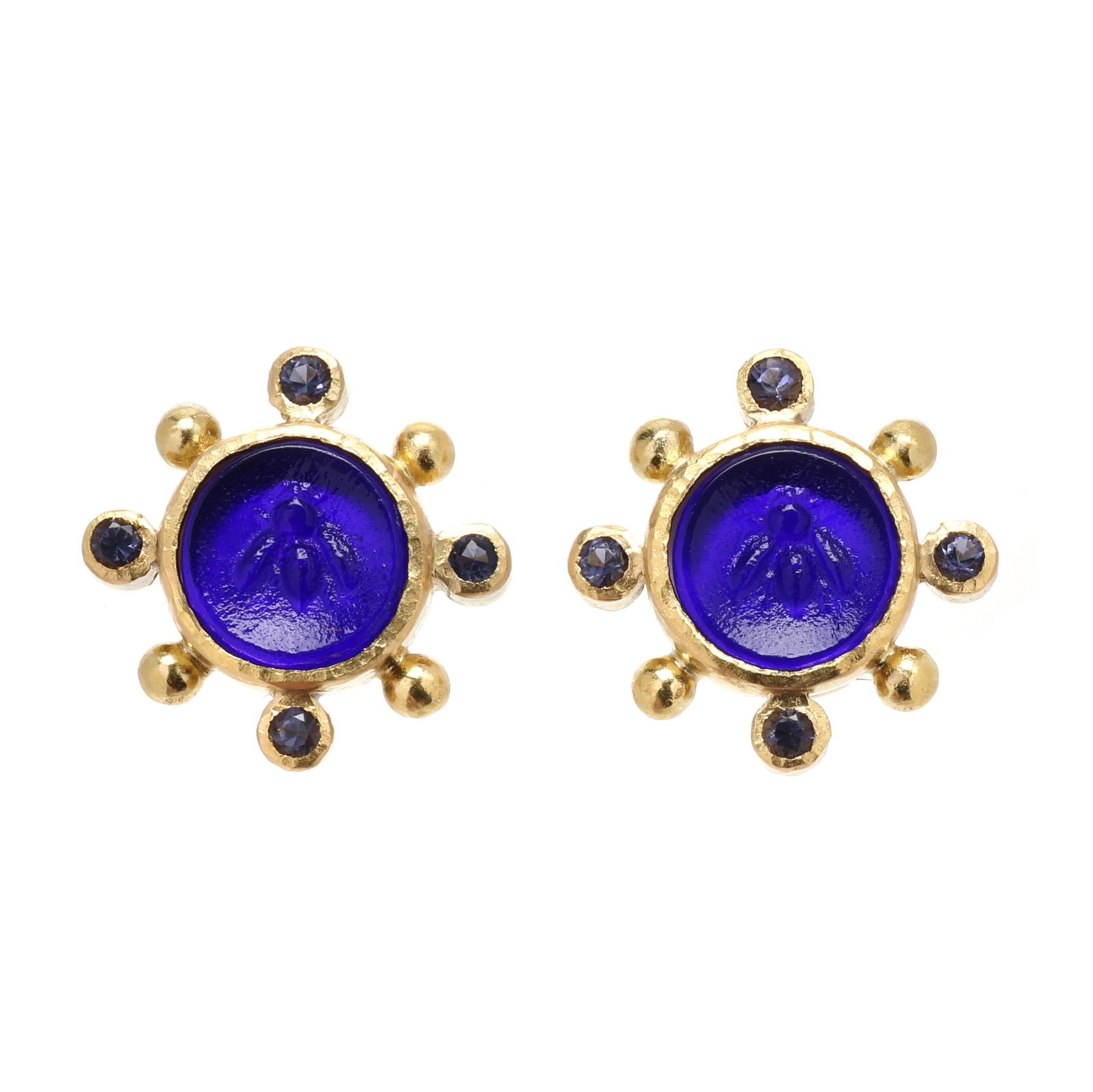 Hand Hammered Gold and Venetian Glass Bee Motif Earrings, Elizabeth Locke: Hand Hammered Gold and Venetian Glass Bee Motif Earrings, Elizabeth Lockeeach bezel set to the center with a deep blue Venetian glass rondelle with the image of a bumblebee, with mother-of-pearl backi