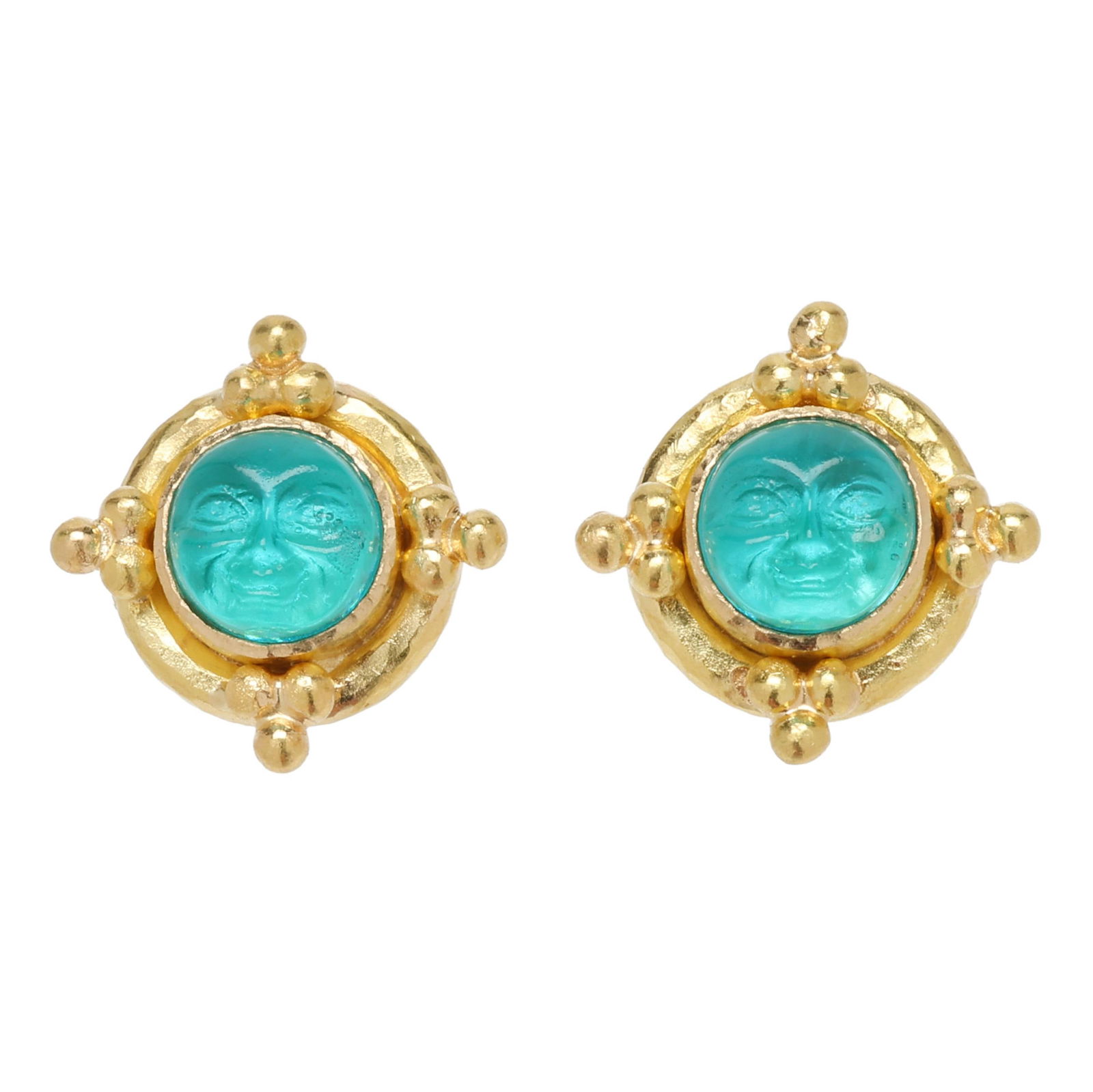Hand Hammered High Karat Gold and Venetian Glass Man in the Moon Earrings, Elizabeth Locke: Hand Hammered High Karat Gold and Venetian Glass Man in the Moon Earrings, Elizabeth Lockecentered on a marine blue Venetian glass man in the moon face with mother-of-pearl backing, set in a hand-hamm