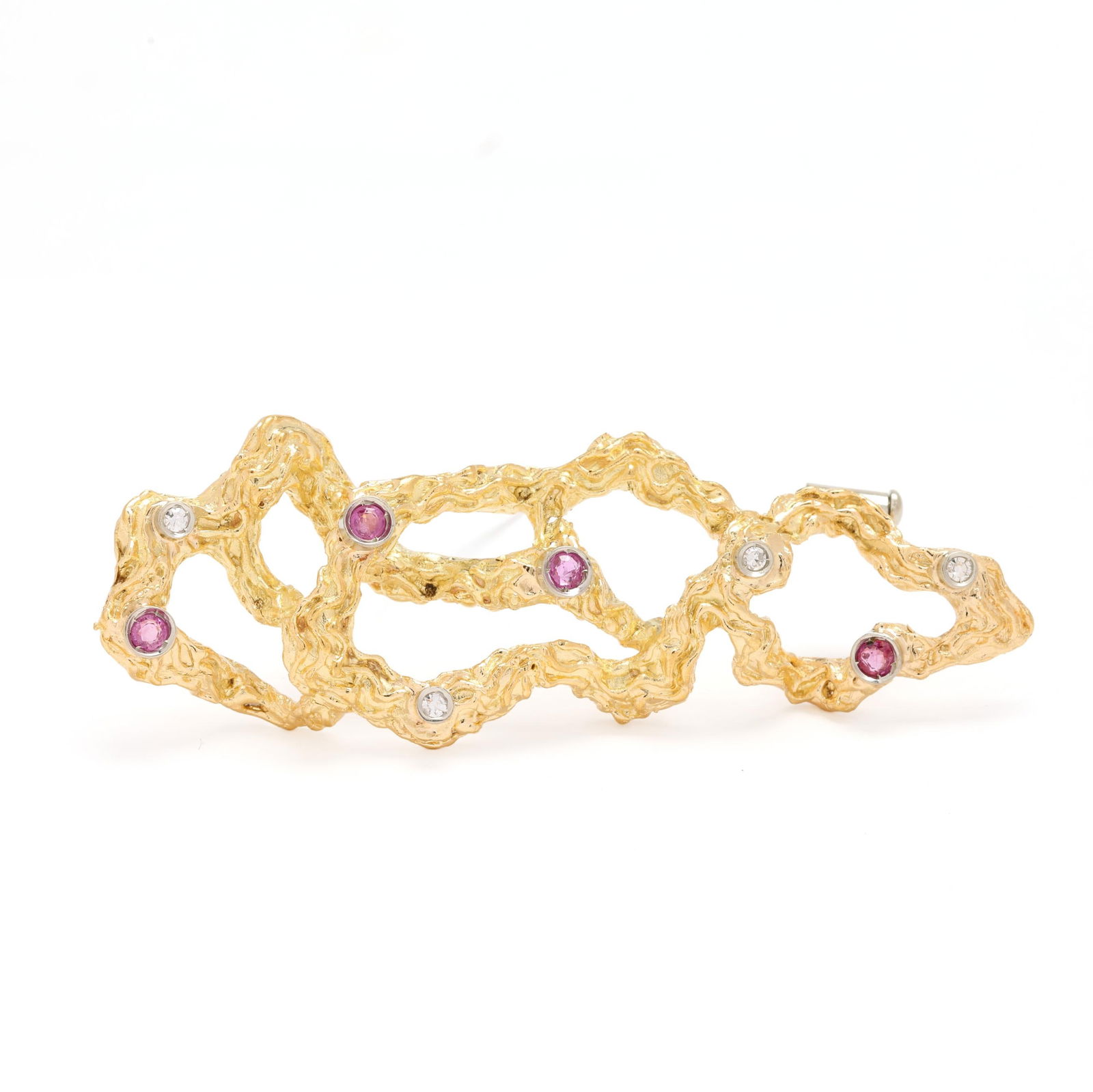 Vintage Gold, Pink Sapphire, and Diamond Freeform Brooch, Italy: Vintage Gold, Pink Sapphire, and Diamond Freeform Brooch, Italythe gold freeform brooch set with round cut pink sapphires and single cut diamond melee, completed with a locking pin stem, stamped Italy