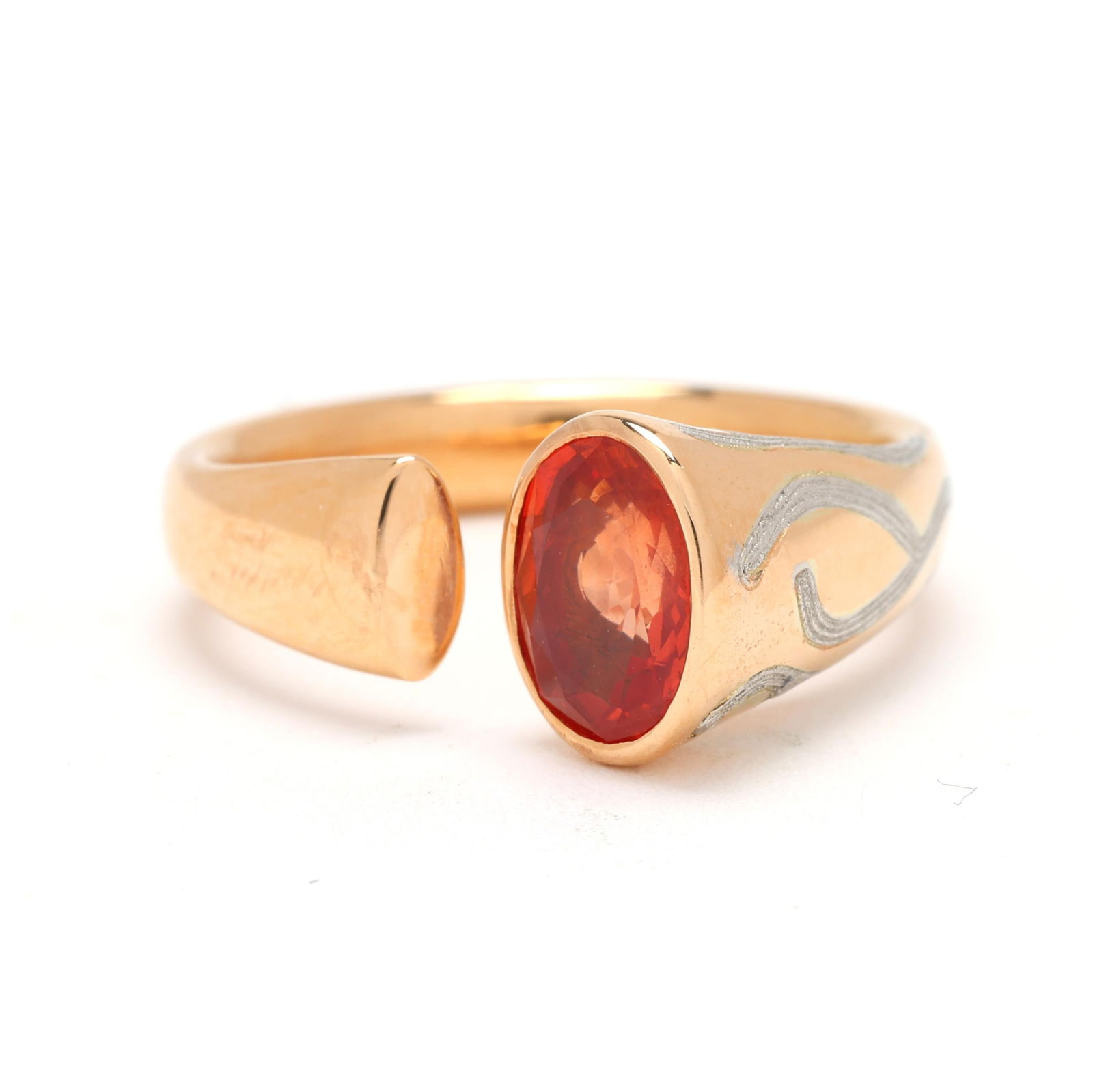 Gold, Platinum, and Orange Sapphire Open Shank Ring, Tony Nemyer for Metallicity: Gold, Platinum, and Orange Sapphire Open Shank Ring, Tony Nemyer for Metallicitythe rose gold open shank ring set to the terminal with an oval cut orange sapphire (7.4 x 5.8mm) and with inlaid platinu