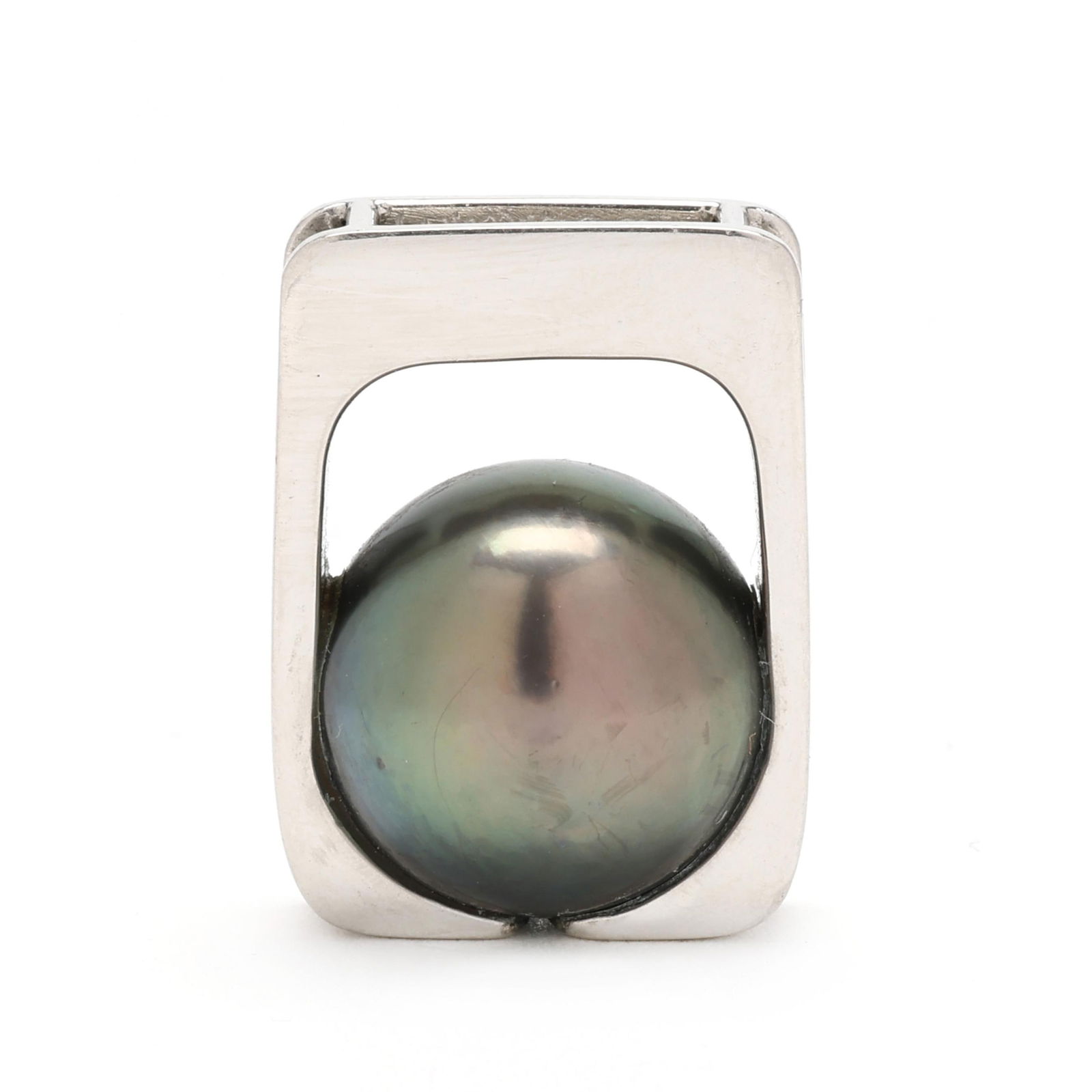 Platinum and Tahitian Pearl Pendant, Jewelsmith: Platinum and Tahitian Pearl Pendant, Jewelsmiththe rectangular surround cradling a round Tahitian pearl (14.5mm), completed with an inset double bail, signed and marked Pt. 23.5 x 17mm 10.4 dwt. The T