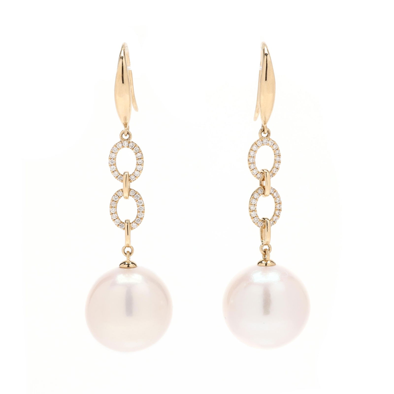 Gold, Diamond, and South Sea Pearl Drop Earrings: Gold, Diamond, and South Sea Pearl Drop Earringsdrop earrings with gold links set with full cut round diamond melee, suspending a round cultured South Sea pearl (14mm), completed with an ear wire, sta