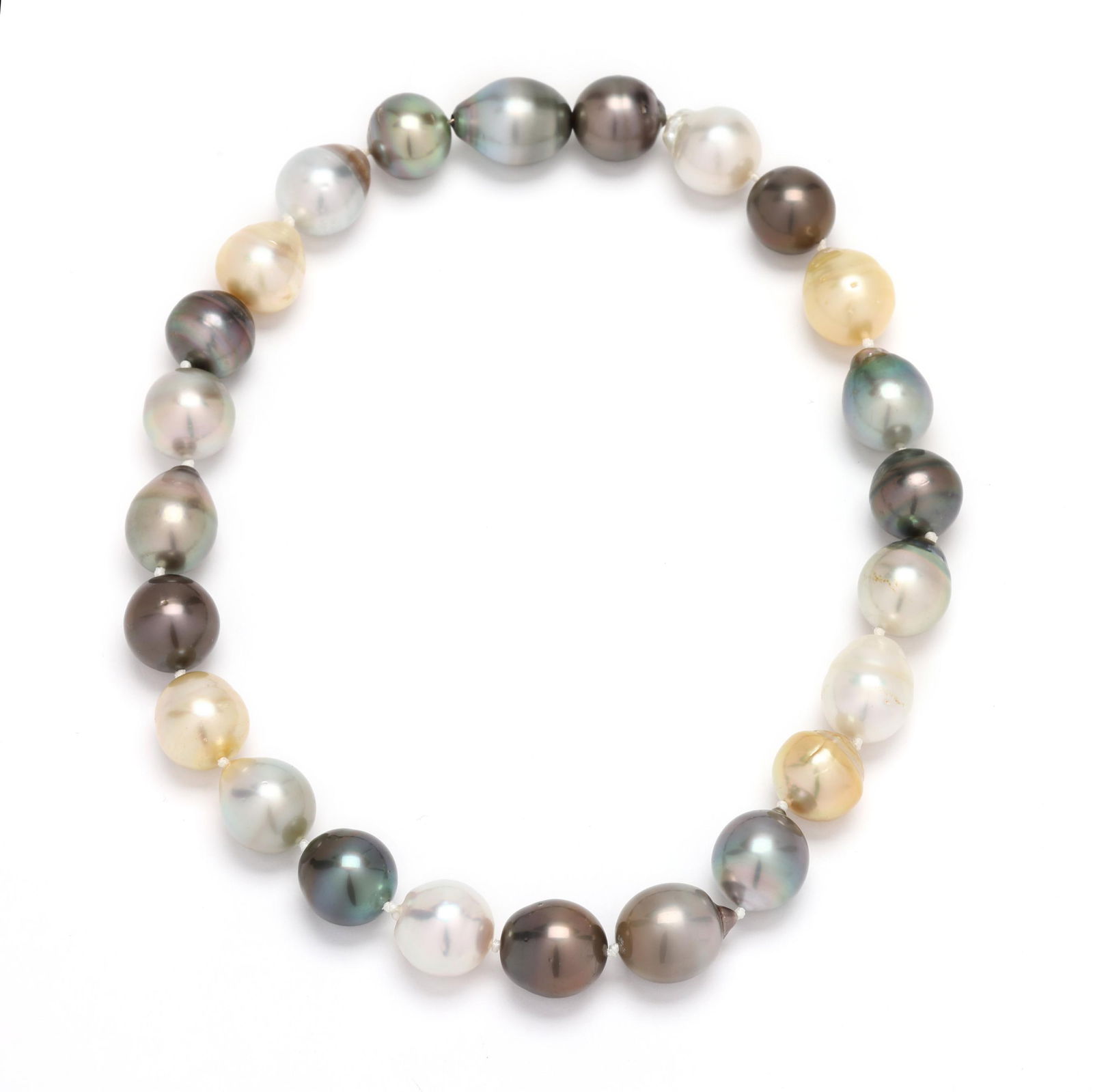 Multi-Colored Baroque South Sea Pearl Necklace: Multi-Colored Baroque South Sea Pearl Necklacestrung knotted with (24) baroque South Sea pearls (14.0mm to 15.0mm) in varying tones including white, golden, brown, and green, completed with a hidden s