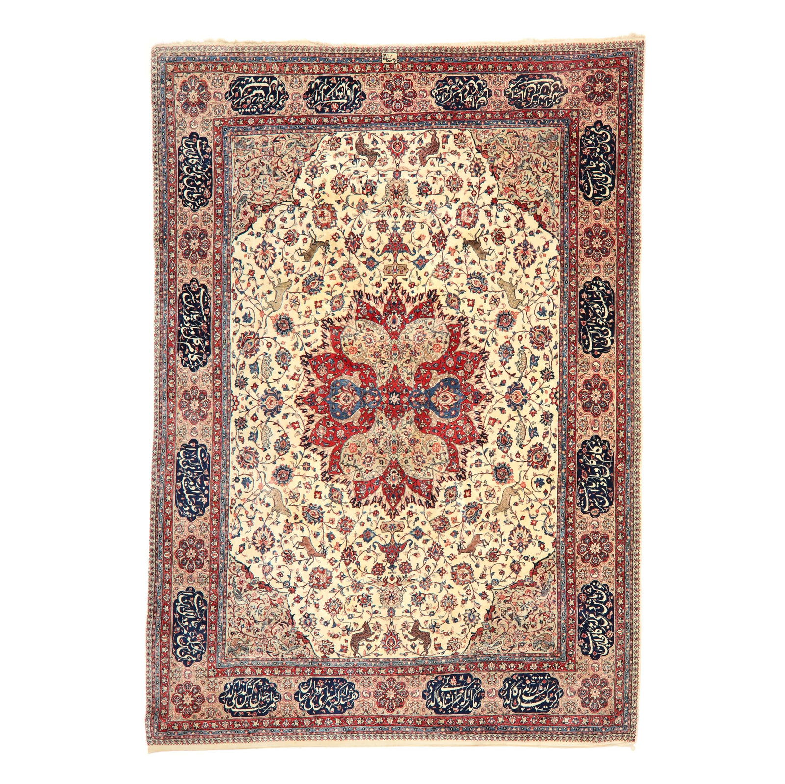 Isfahan Room Size Carpet: Isfahan Room Size Carpetwool on cotton foundation, finely and densely knotted, the central sunburst medallion in red and blue on a cream ground filled with vining floral and palmette motifs, with deer