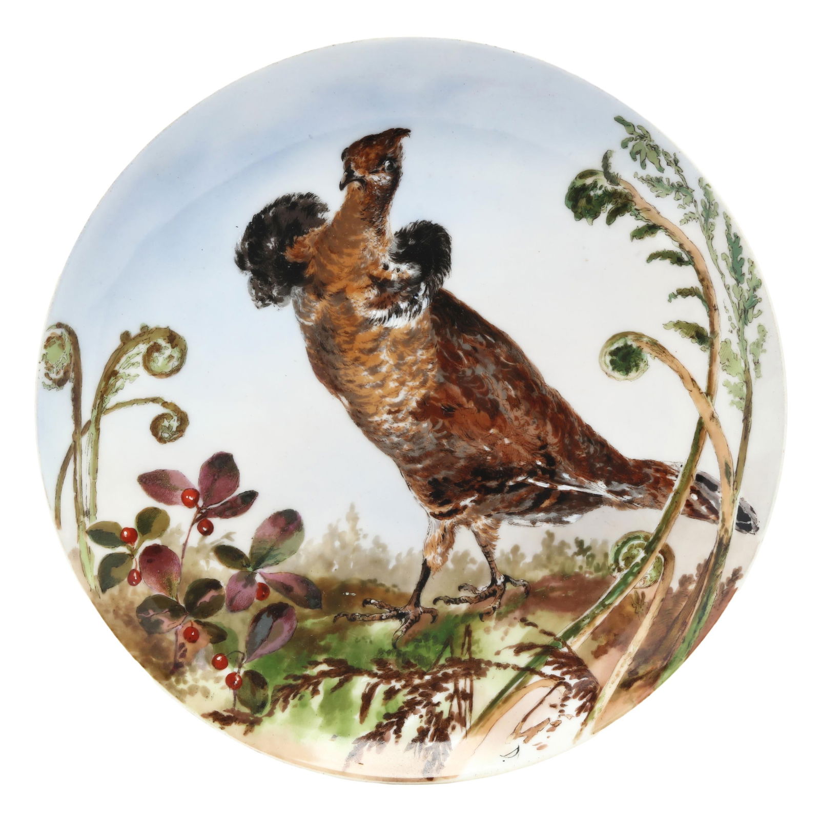 Haviland & Co., Rutherford B. Hayes Presidential China Game Plate with Ruffled Grouse: Haviland & Co., Rutherford B. Hayes Presidential China Game Plate with Ruffled Grouseproduced in France, 1880s, hand-painted and gilt porcelain plate, depicting a ruffled grouse in its habitat among w
