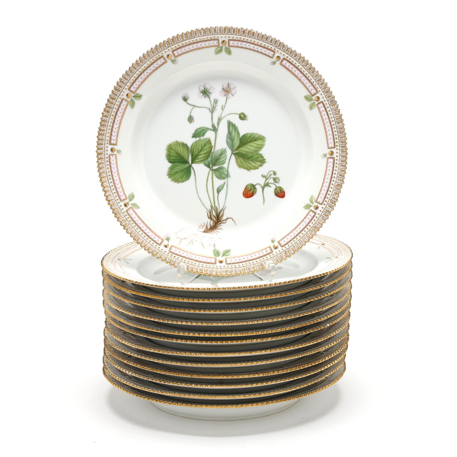 Royal Copenhagen, (13) Flora Danica Porcelain Service Plates: Royal Copenhagen, (13) Flora Danica Porcelain Service PlatesDenmark, hand-painted and gilt porcelain, pattern no. 20, shape no. 3523, marked with green printed and blue wave factory marks, Latin botan