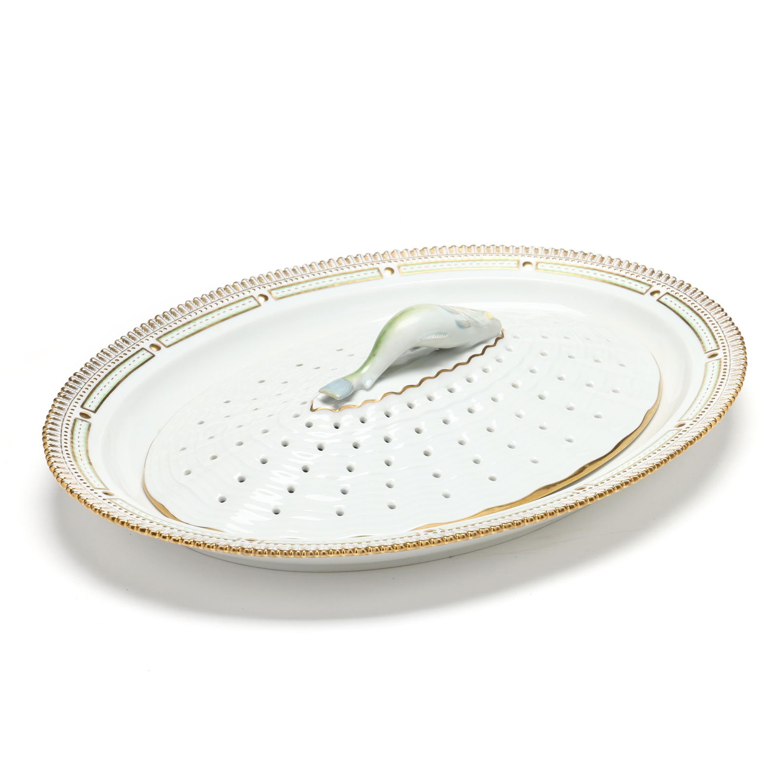 Royal Copenhagen, Flora Danica Porcelain Oval Fish Platter and Strainer: Royal Copenhagen, Flora Danica Porcelain Oval Fish Platter and StrainerDenmark, 1969-1973 date mark, hand-painted and gilt porcelain, pattern no. 19, shape no. 3520 and 3522, marked with green printed