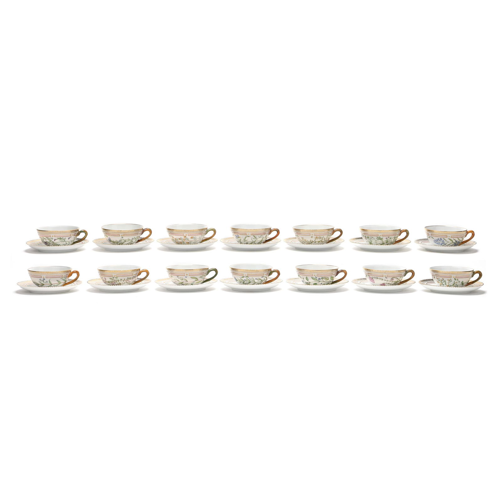 Royal Copenhagen, Set of (14) Flora Danica Porcelain Flat Tea Cups and Saucers: Royal Copenhagen, Set of (14) Flora Danica Porcelain Flat Tea Cups and Saucers(28) pieces, Denmark, 1992-1999 date marks, hand-painted and gilt porcelain, pattern no. 20, shape no. 081 and 082, all ma