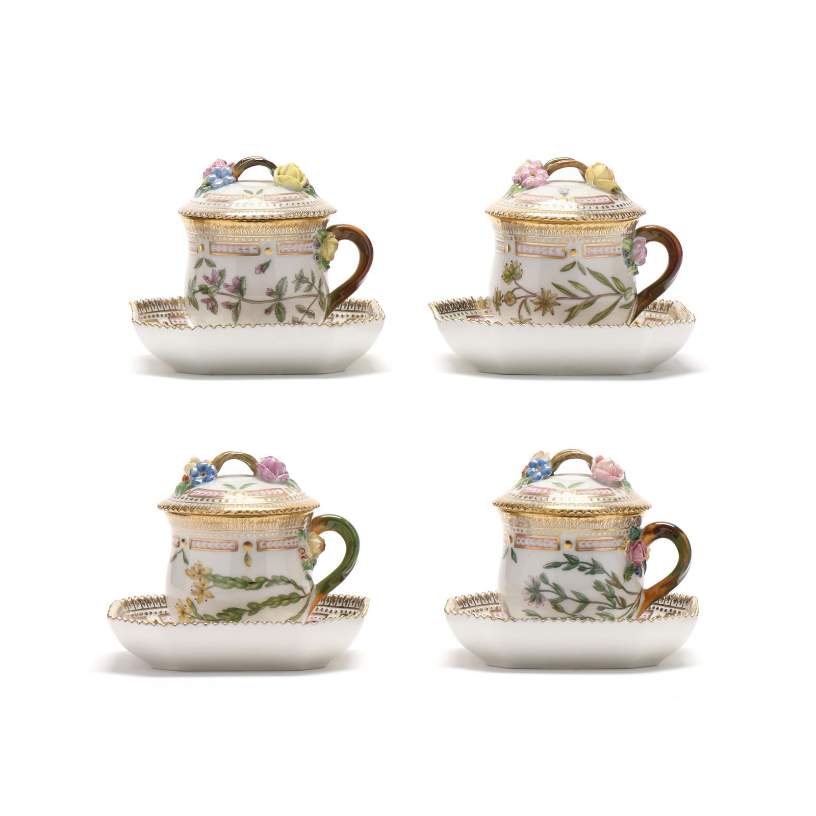 Royal Copenhagen, Set of Four Flora Danica Porcelain Mustard Pots with Lids and Saucers: Royal Copenhagen, Set of Four Flora Danica Porcelain Mustard Pots with Lids and Saucers (12) pieces, Denmark, hand-painted and gilt porcelain, pattern no. 20, all marked with green printed and blue wa