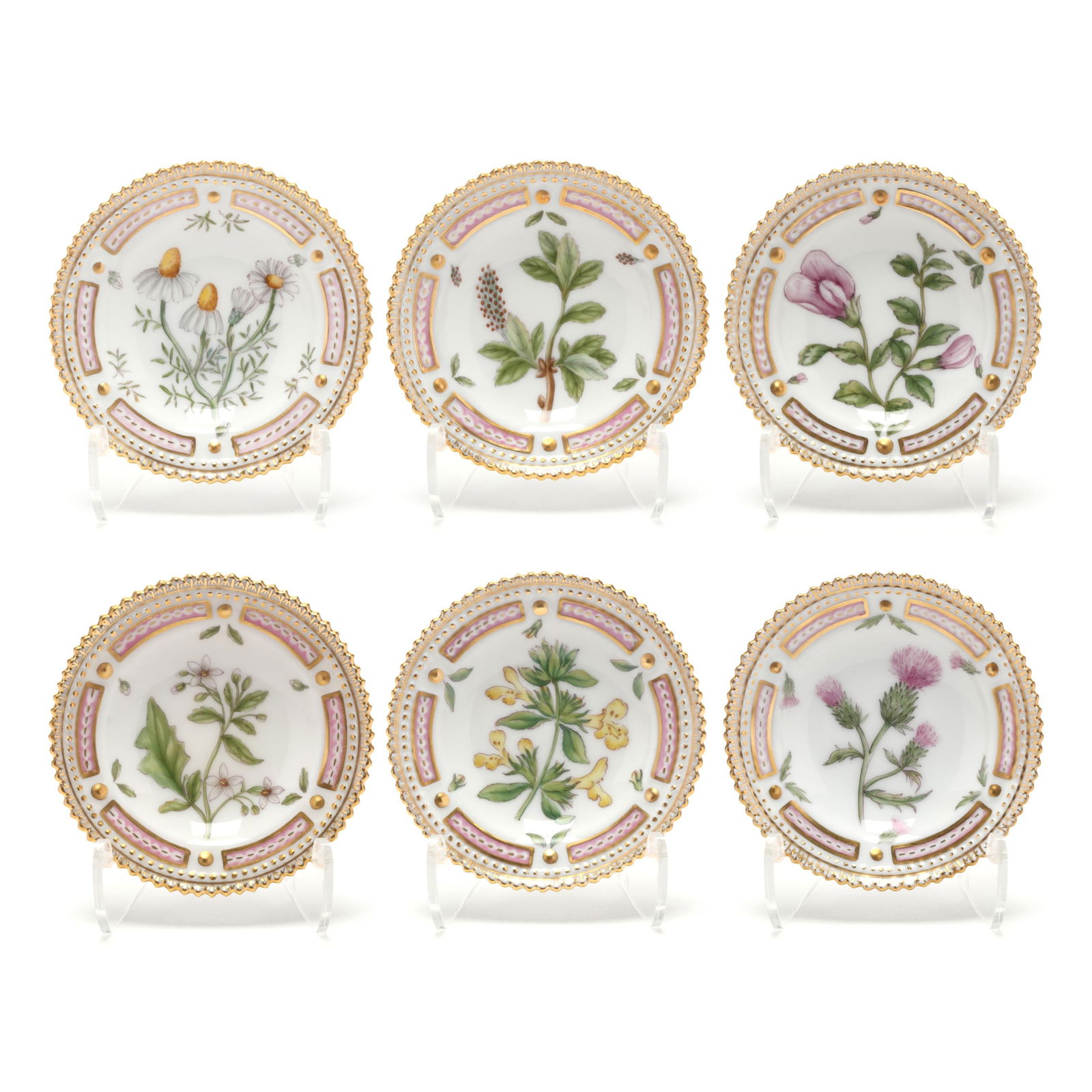 Royal Copenhagen, Six Flora Danica Porcelain Butter Pats: Royal Copenhagen, Six Flora Danica Porcelain Butter PatsDenmark, 1969-1978 date marks, hand-painted and gilt porcelain, pattern no. 20, pattern 3501, marked with green printed and blue wave factory ma