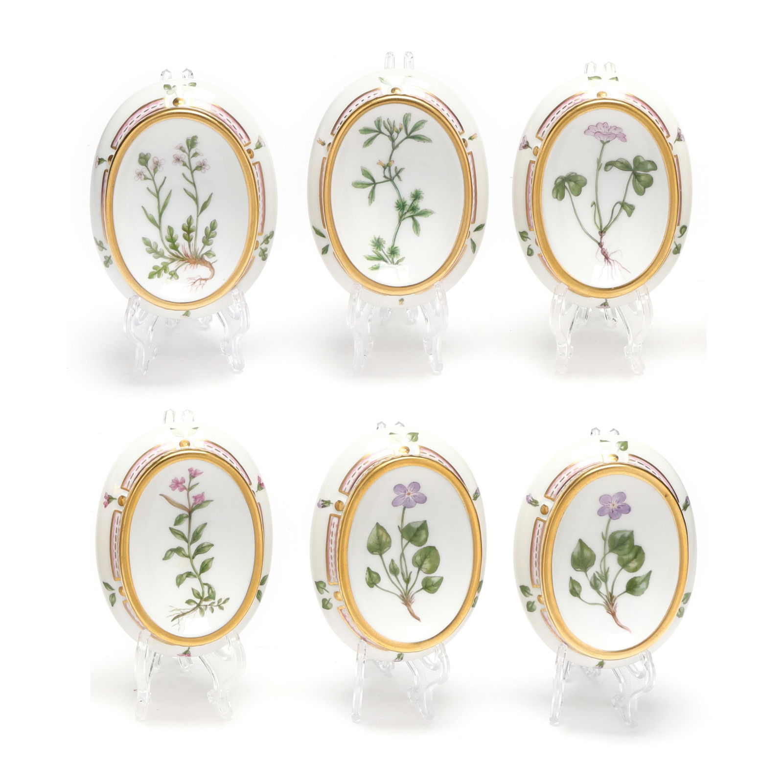 Royal Copenhagen, Six Flora Danica Porcelain Oval Salt Cellars: Royal Copenhagen, Six Flora Danica Porcelain Oval Salt Cellars Denmark, hand-painted and gilt porcelain, pattern no. 20, shape no. 3557, marked with green printed and blue wave factory marks, 1969-197