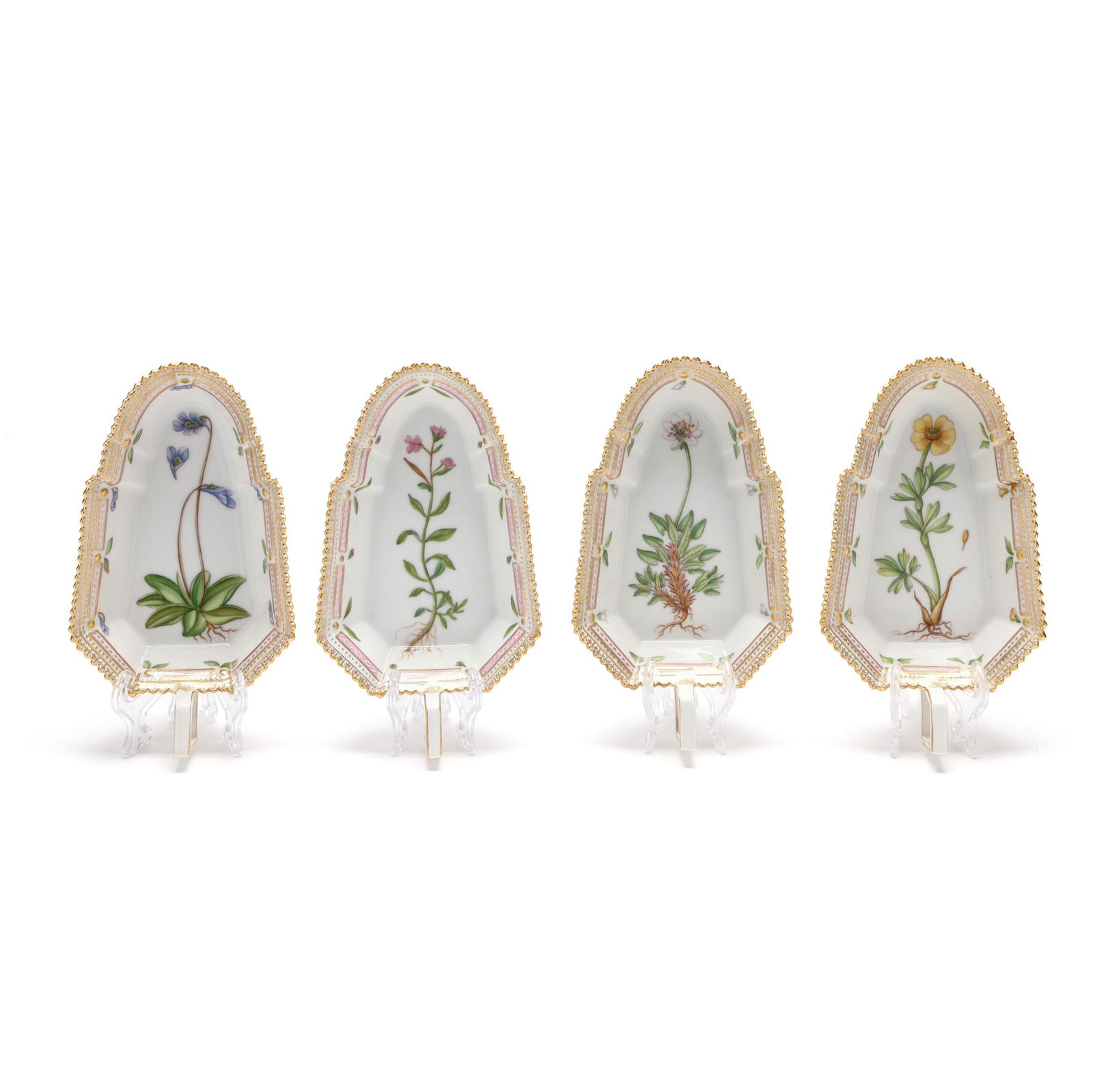 Royal Copenhagen, Set of Four Flora Danica Porcelain Pickle Dishes: Royal Copenhagen, Set of Four Flora Danica Porcelain Pickle DishesDenmark, hand-painted and gilt porcelain, pattern no. 20, shape no. 3543, all marked with green printed and blue wave factory marks, L