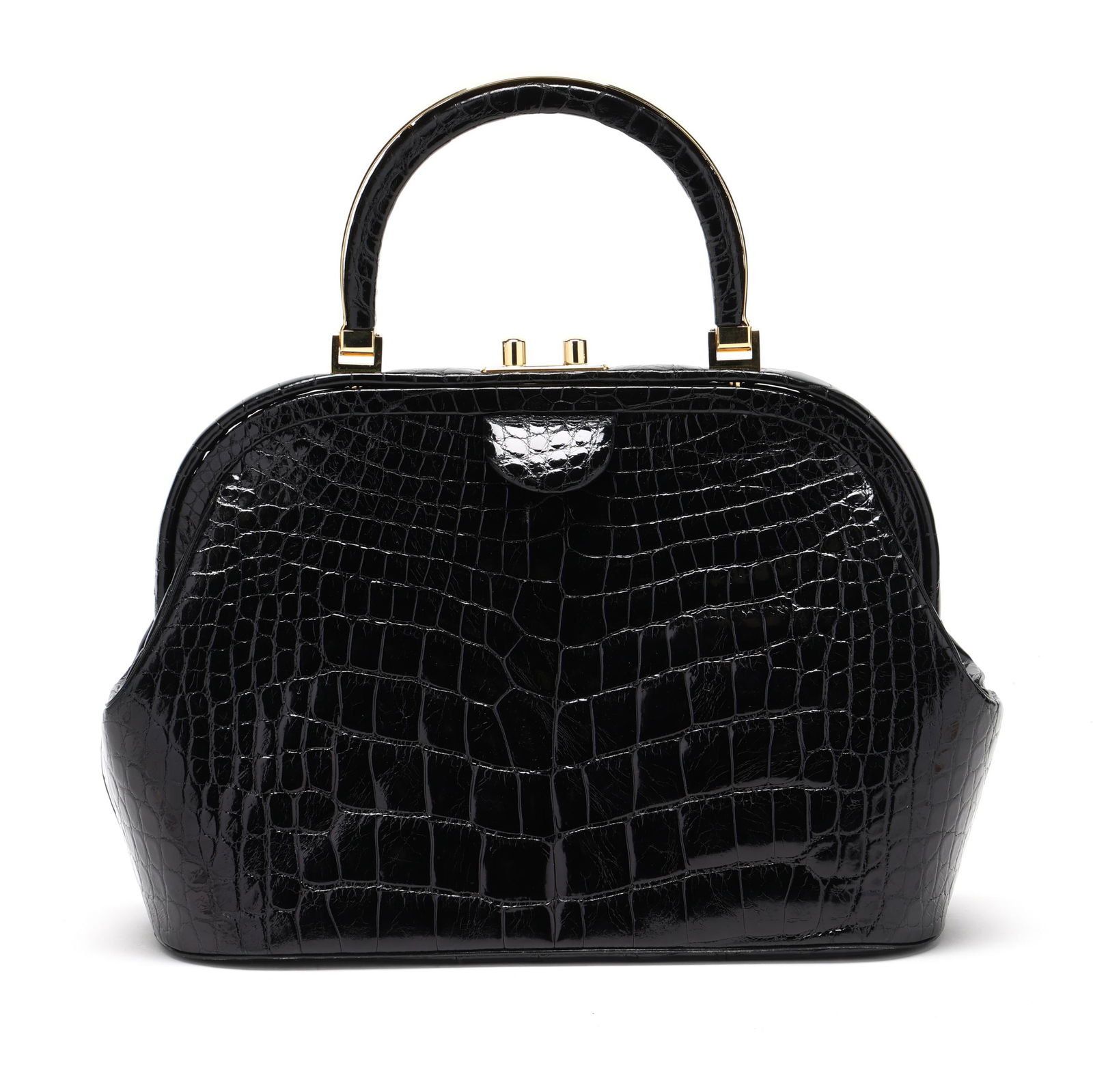 Black Alligator Frame Handbag, Judith Leiber: Black Alligator Frame Handbag, Judith Leiber the exterior in black alligator with gold-tone metal