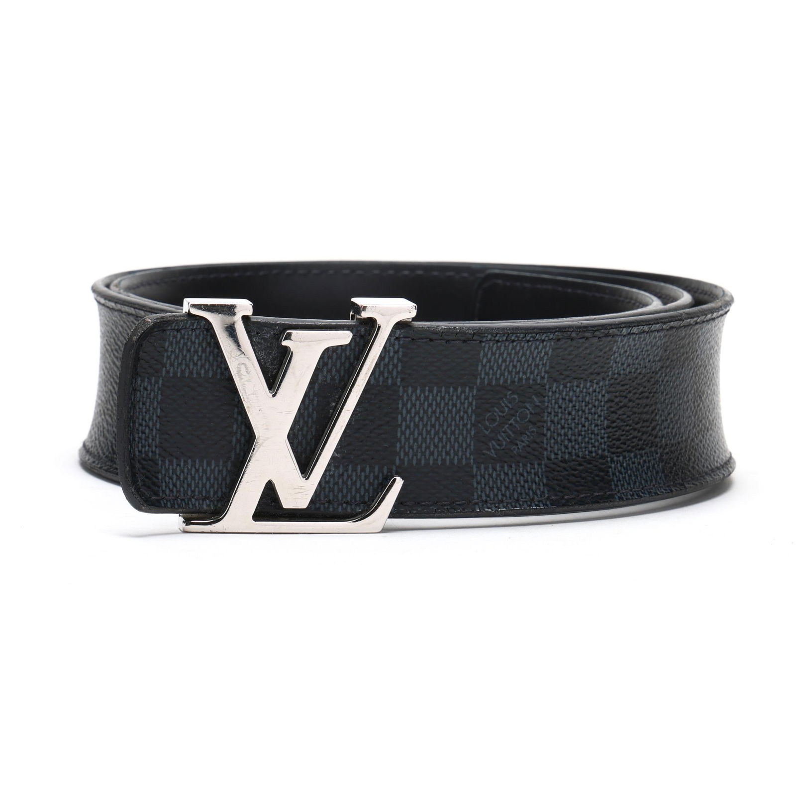 Canvas and Leather Belt, Louis Vuitton: Canvas and Leather Belt, Louis Vuittonbelt in Damier Graphite canvas over black leather with silver-tone monogram buckle, stamped made in Spain and M9210 90/36. Accompanied by a Louis Vuitton pouch.