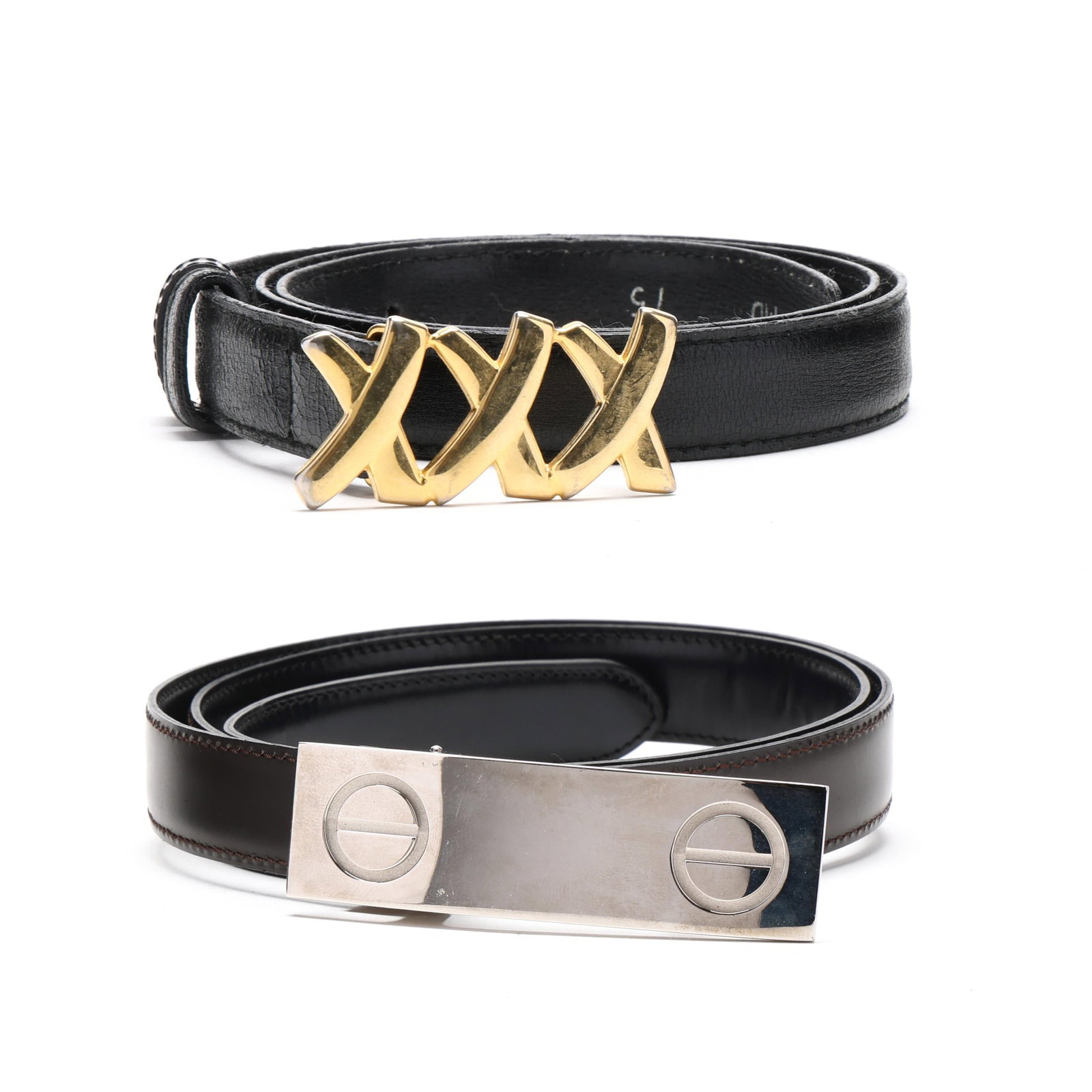 Two Designer Belts, Cartier and Paloma Picasso: Two Designer Belts, Cartier and Paloma Picassoto include: a black belt with gold-tone 'XXX' motif buckle, signed Paloma Picasso, belt marked MD 75 (.75 x 28.5 - 30.5 in.) (light scratches to buckle; g
