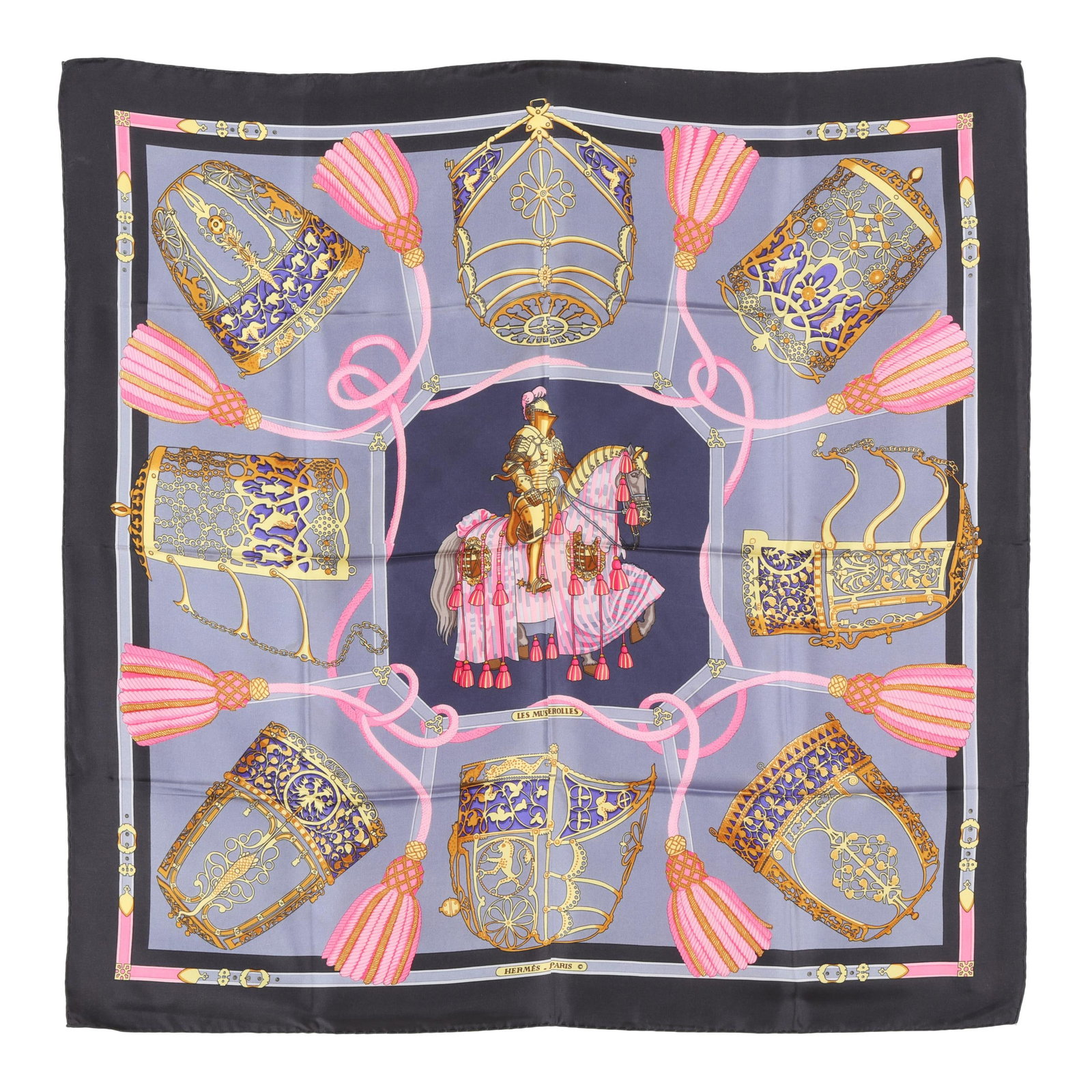 Silk Les Muserolles Scarf, Hermès: Silk Les Muserolles Scarf, Hermèsdesigned by artist Christiane Vauzelles, the silk twill with rolled and hand stitched edges, with a color palette of black, blue, and pink, and with care tag stating