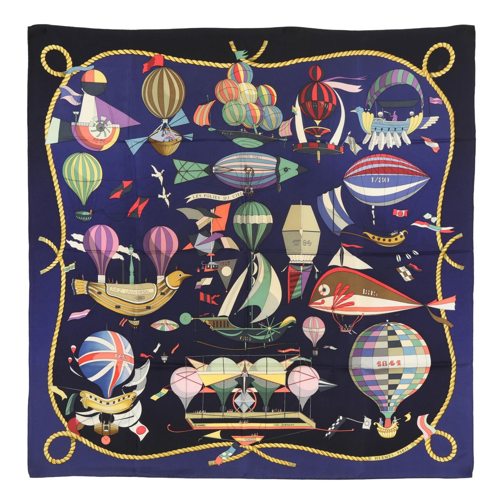 Silk Les Folies Du Ciel Scarf, Hermès: Silk Les Folies Du Ciel Scarf, Hermèsdesigned by artist Loïc Dubigeon, the silk twill with rolled and hand stitched edges, with a color palette of blue, green, and yellow, and with care tag stating