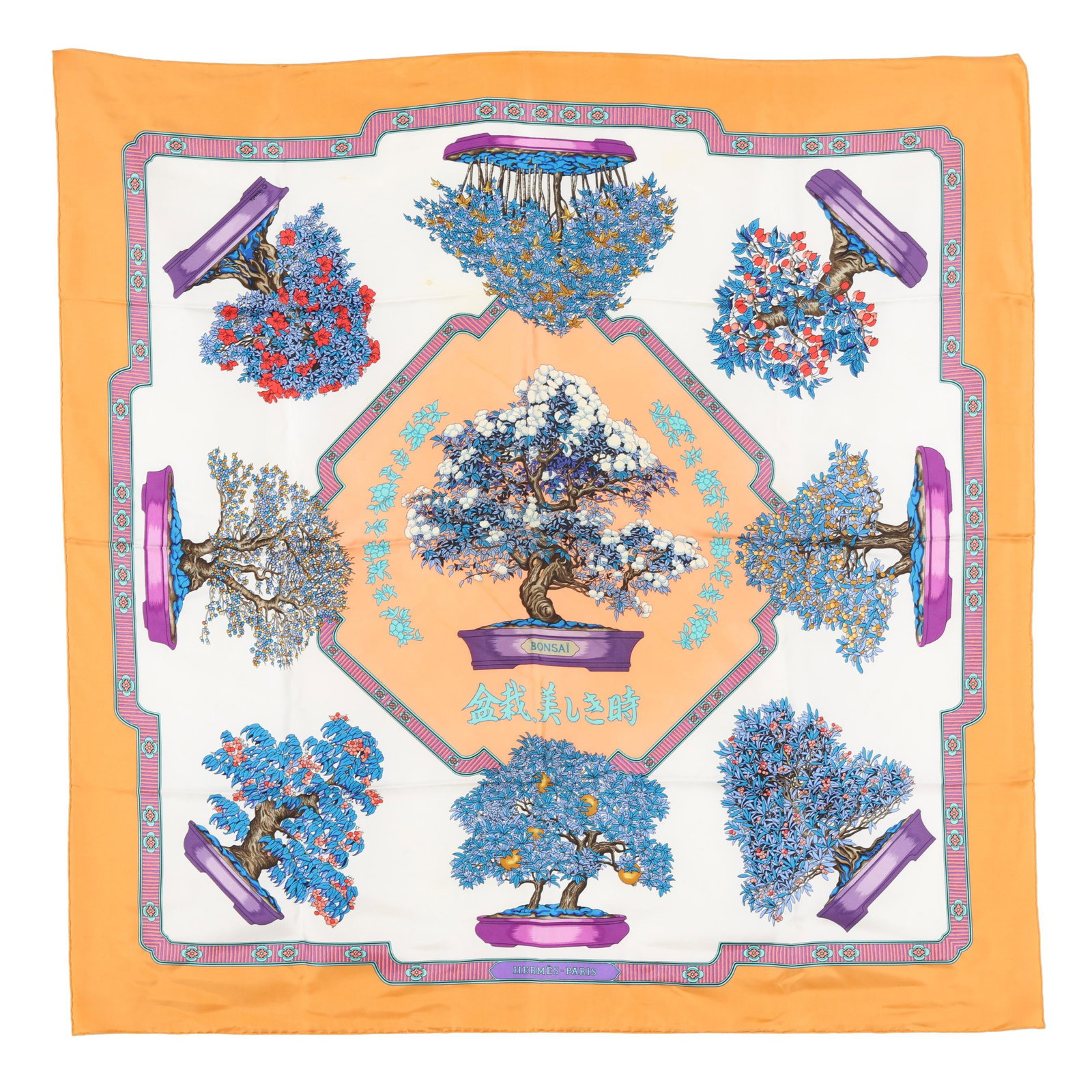 Silk Les Beaux Jours de Bonsaï Scarf, Hermès: Silk Les Beaux Jours de Bonsaï Scarf, Hermèsdesigned by artist Catherine Baschet, the silk twill with rolled and hand stitched edges, with a color palette of peach, blue, and purple. Accompanied by