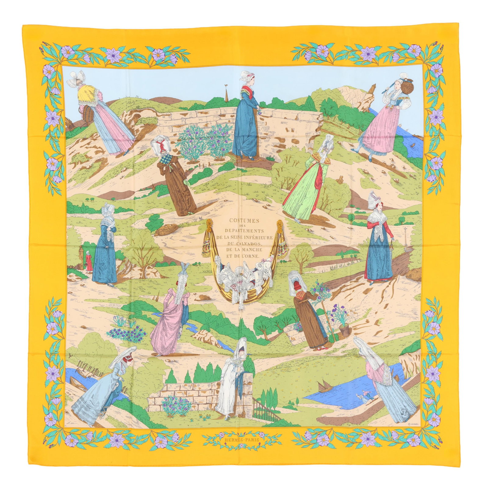 Silk Costumes Des Departements Scarf, Hermès: Silk Costumes Des Departements Scarf, Hermèsdesigned by artist Zoè Pauwels, the silk twill with rolled and hand stitched edges, with a color palette of yellow, green, and blue, and with care tag sta