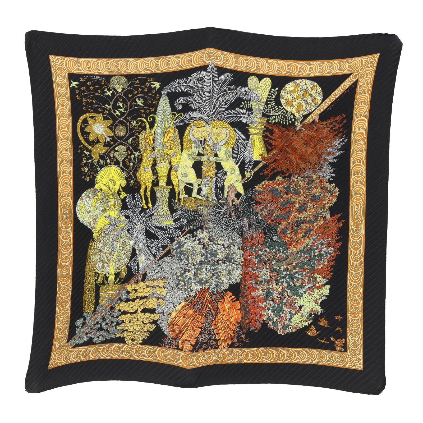 Silk Les Légendes de L'arbre Pleated Scarf, Hermès: Silk Les Légendes de L'arbre Pleated Scarf, Hermèsdesigned by artist Annie Faivre, the silk twill with rolled and hand stitched edges, with a color palette of black, yellow, and orange, and with car