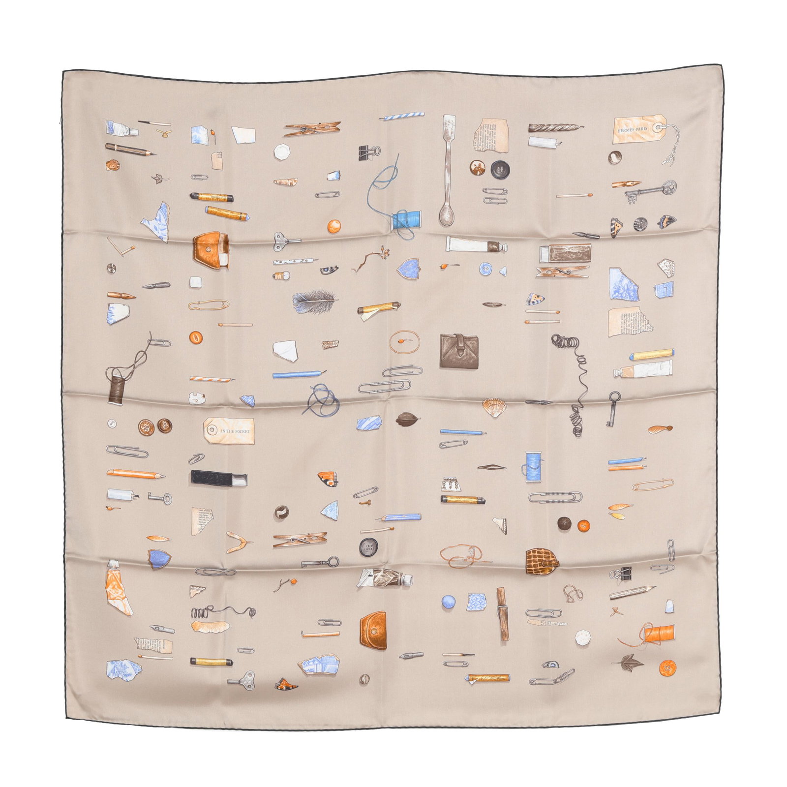 Silk In The Pocket Scarf, Hermès: Silk In The Pocket Scarf, Hermèsdesigned by artist Leigh Cooke, the silk twill with rolled and hand stitched edges, with a color palette of black, gray, and beige, and with care tag stating made in F