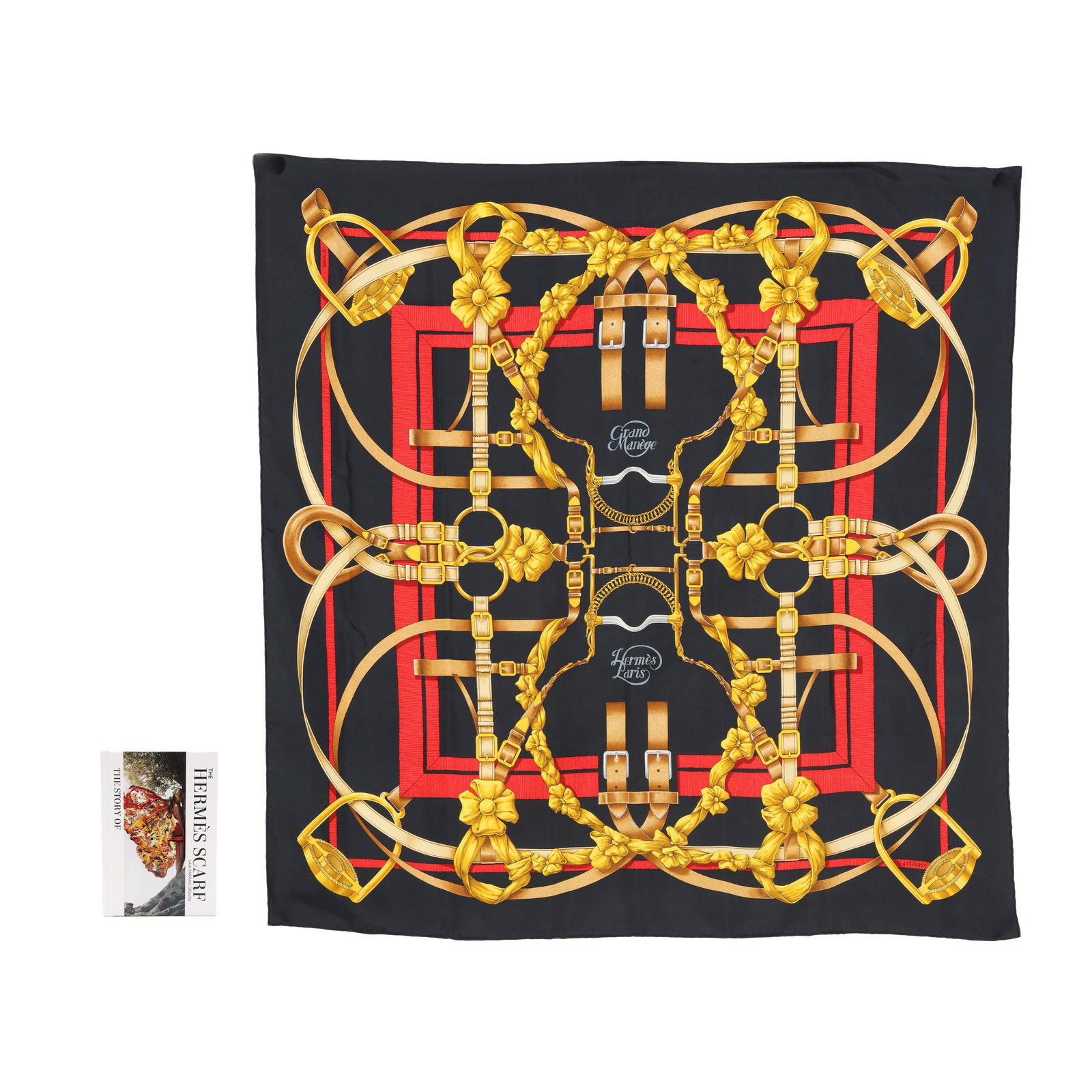 Silk Grand Manège Scarf, Hermès and A Book The Story of The Hermès Scarf: Silk Grand Manège Scarf, Hermès and A Book The Story of The Hermès Scarfdesigned by artist Henri d'Origny, the silk twill with rolled and hand stitched edges, with a color palette of black, red, an