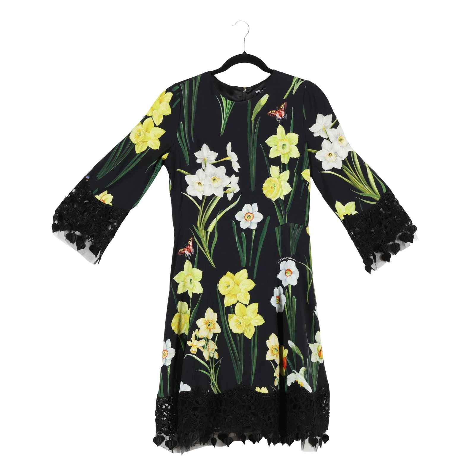 Black and Floral Print Dress, Dolce & Gabbana: Black and Floral Print Dress, Dolce & Gabbanaviscose, nylon, cotton, and polyester exterior with primarily silk lining, overall daffodil print with butterflies and Dolce & Gabbana signature, cuffs and