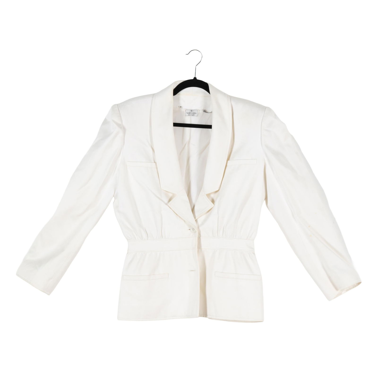 Vintage Women's Cream Cinched Waist Jacket, Valentino Boutique: Vintage Women's Cream Cinched Waist Jacket, Valentino Boutique made in Italy, single-breasted jacket with button and hook closure and button cuffs, decorative upper pockets, lower slit pockets, with s