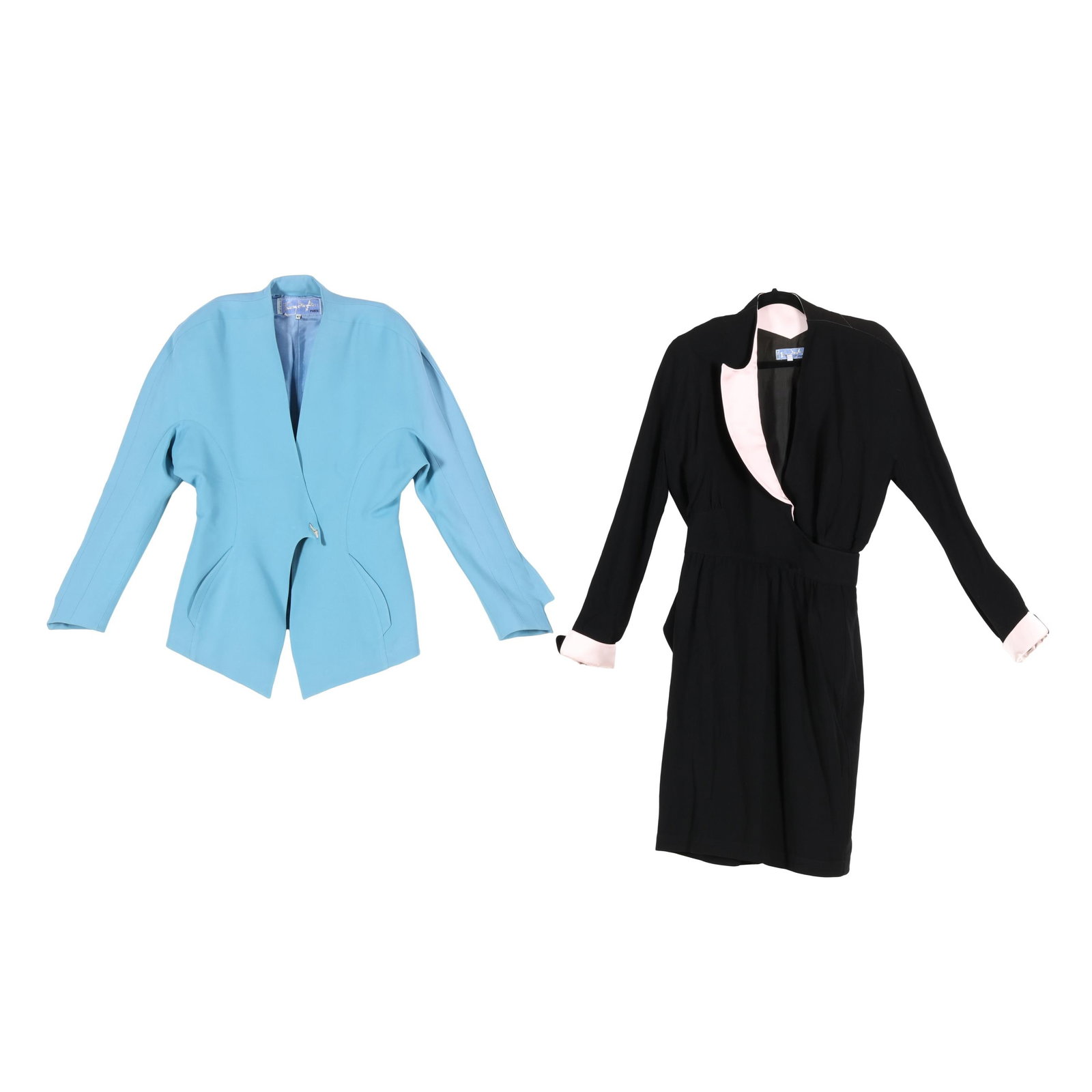 Two Vintage Clothing Items, Thierry Mugler: Two Vintage Clothing Items, Thierry Muglermade in France, to include: a black and pink dress, viscose acetate blend, asymmetric collar, with pink cuffs and belt liner, with shoulder pads (size 42; sho