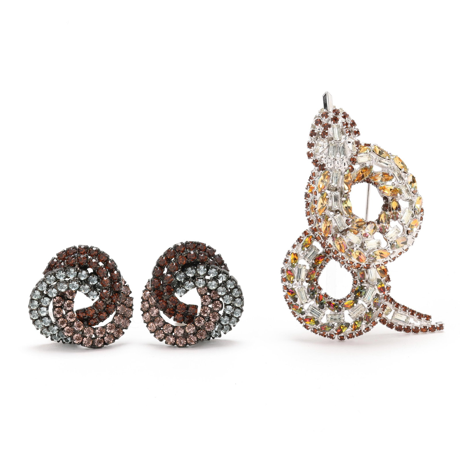 Two Vintage Costume Jewelry Items: Two Vintage Costume Jewelry Items to include: a pair of color rhinestone knot design earrings, completed with clip backs, unmarked (1.25 in.); and a snake motif clip brooch, set with multi-color rhine