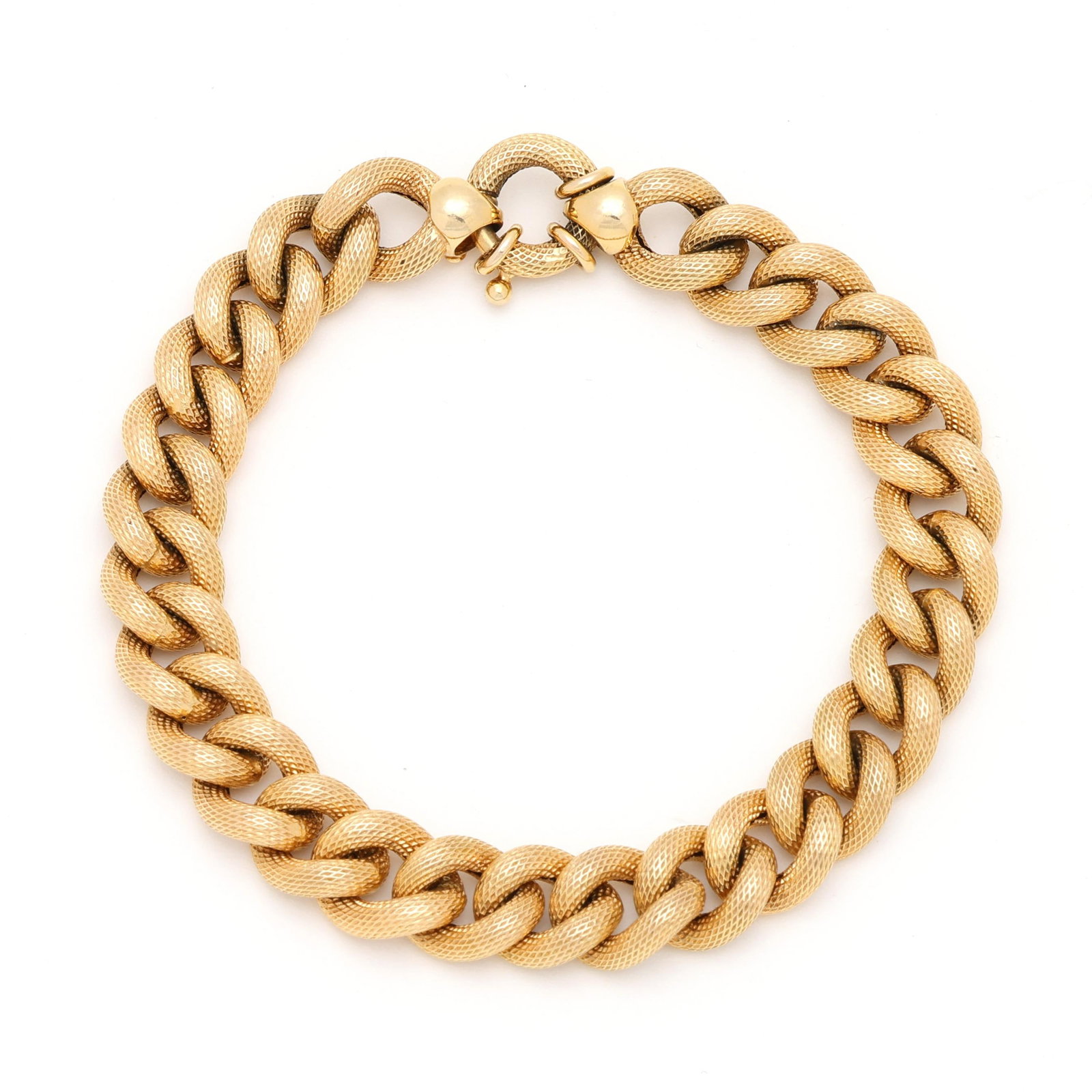 Gold Curb Link Bracelet, Italy: Gold Curb Link Bracelet, Italythe textured curb link bracelet completed with a spring ring clasp, stamped 14Kt / Italy and with Italian registry 1758 AR for Golden Clef International. 10.3mm x 8 in. 8