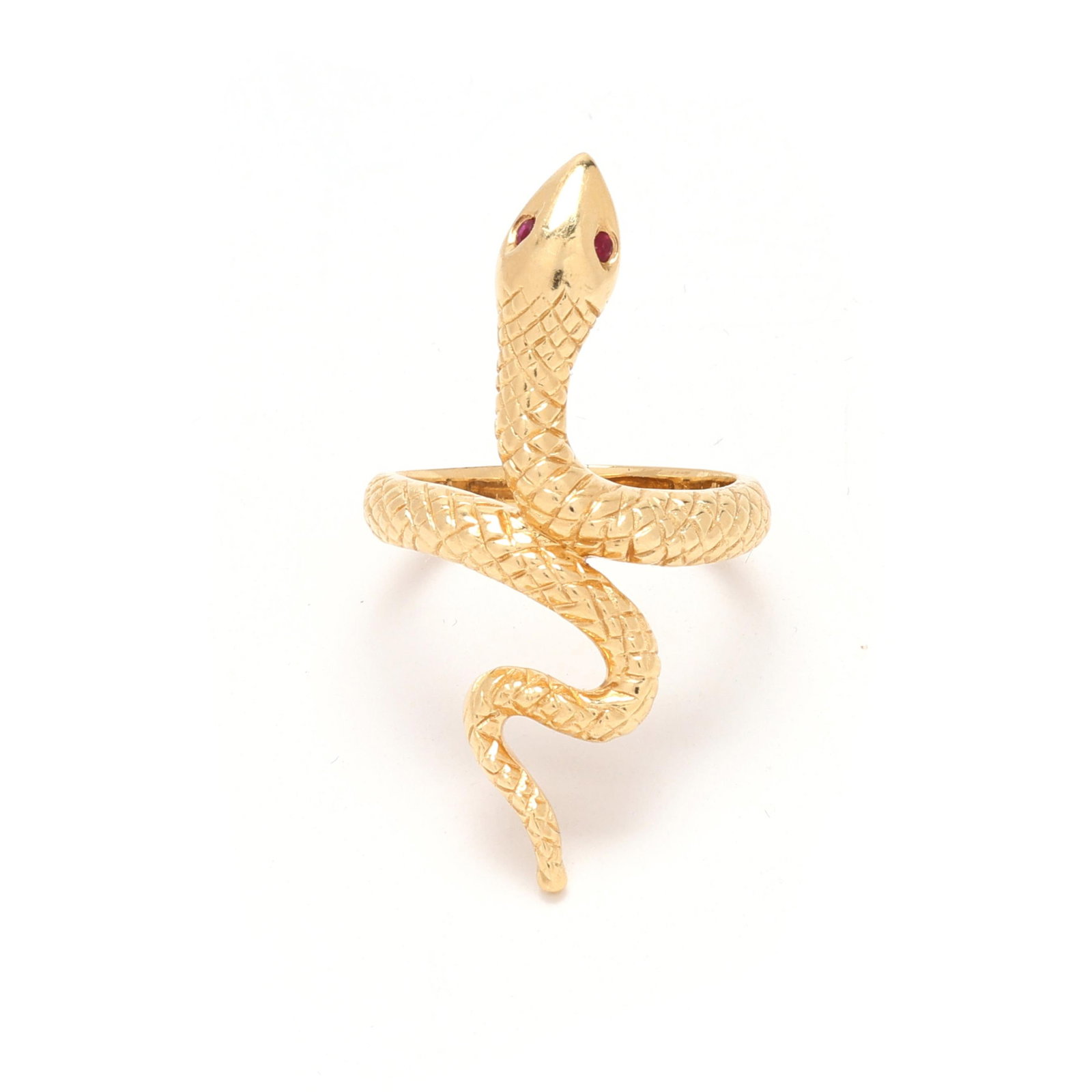 Gold Snake Motif Ring: Gold Snake Motif Ringthe gold ring in the form of a snake, set with round cut ruby eyes, stamped 14K SE. 1.5 in; Ring size 7.75 4.3 dwt. From the Collection of Francine Pilloff, Chapel Hill, North Car